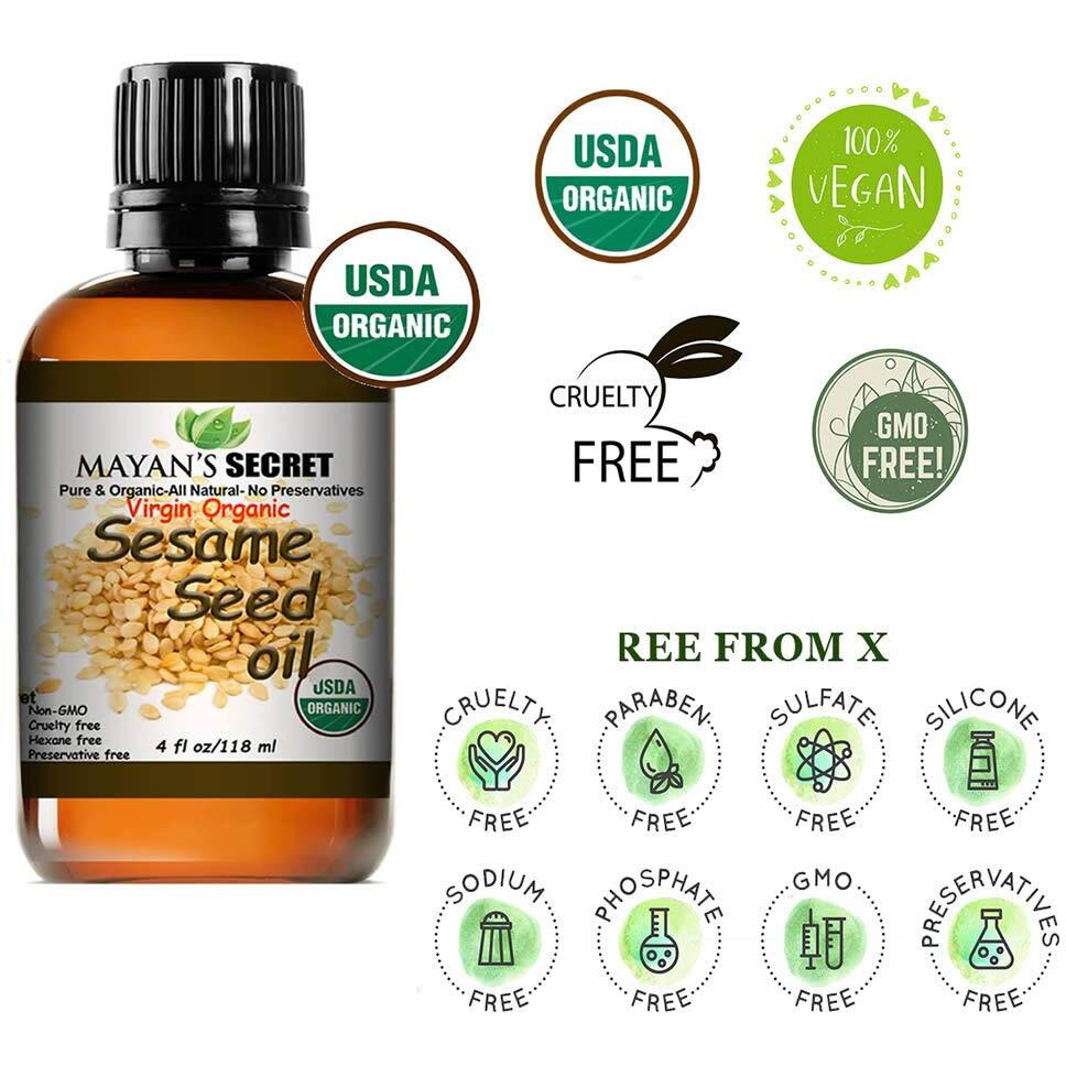 Mayan's Secret Usda Certified Virgin Organic Sesame Seed Oil Unrefined 100% Pure Natural For Skin, Body, Face, And Hair Growth Large 4Oz Glass Bottle