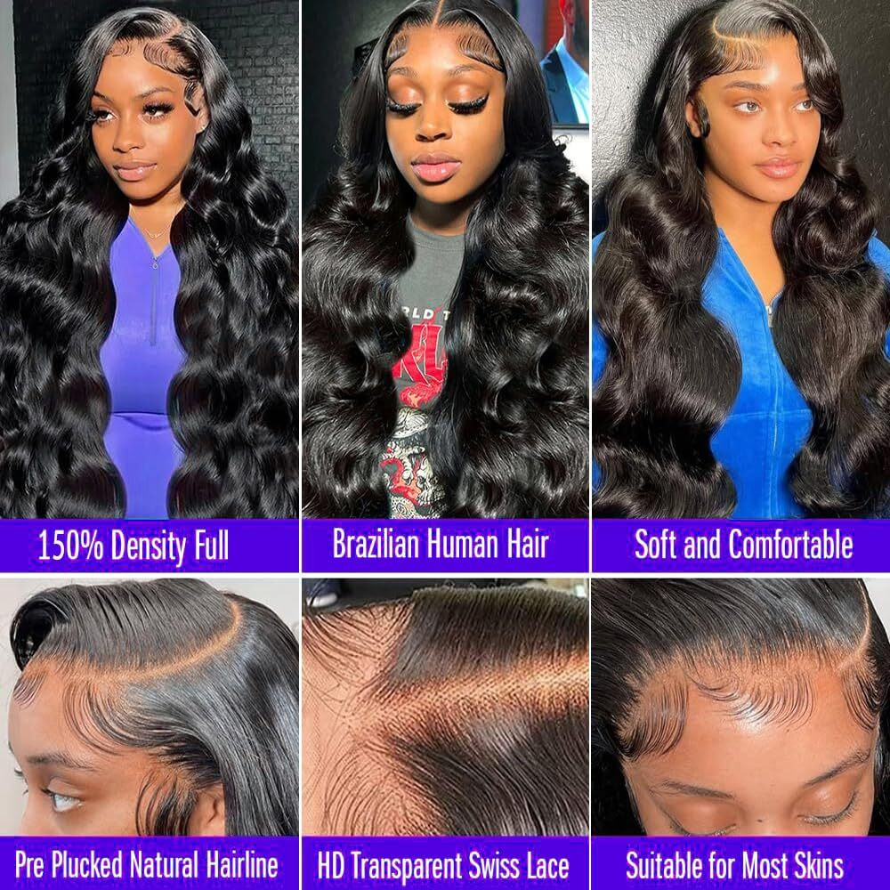 Armodeo 13X4 Lace Front Wigs Human Hair -Body Wave Wig Lace Frontal Wigs Human Hair Pre Plucked-150% Density Natural Black Wigs For Women Human Hair Lace Front Wig With Baby Hair Glueless 28 Inch
