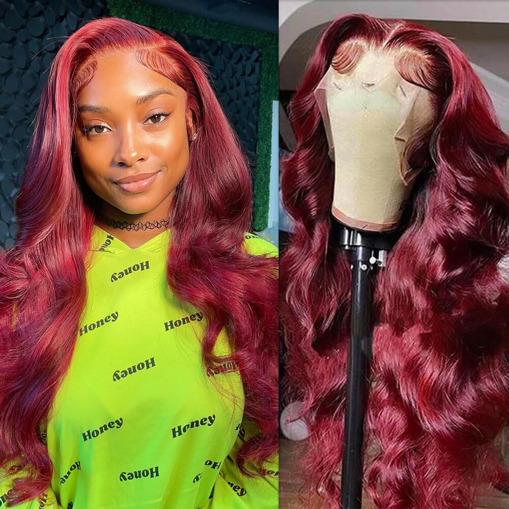 99J Burgundy Lace Front Wigs Human Hair Body Wave 13X4 Hd Transparent Lace Frontal Burgundy Wig Pre Plucked With Baby Hair Colored Wine Red Human Hair Wigs For Women 180 Density 32 Inch