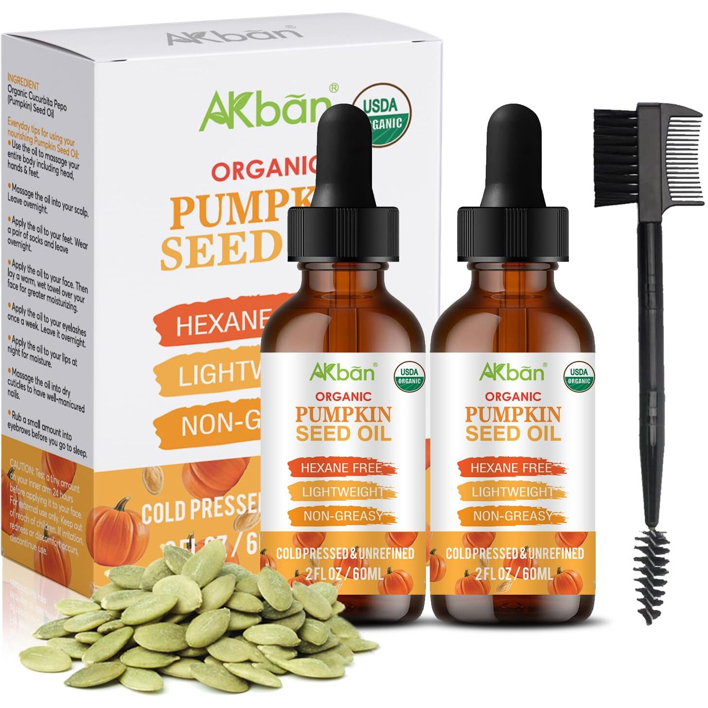 Akban Pumpkin Seed Oil For Hair Growth, 100% Pure Natural Cold Pressed Organic, Moisturizing & Nourishing Dry Damaged Hair & Scalp, For Skin Care, Hair Care, Body Massage, 2 Fl Oz + 2 Fl Oz