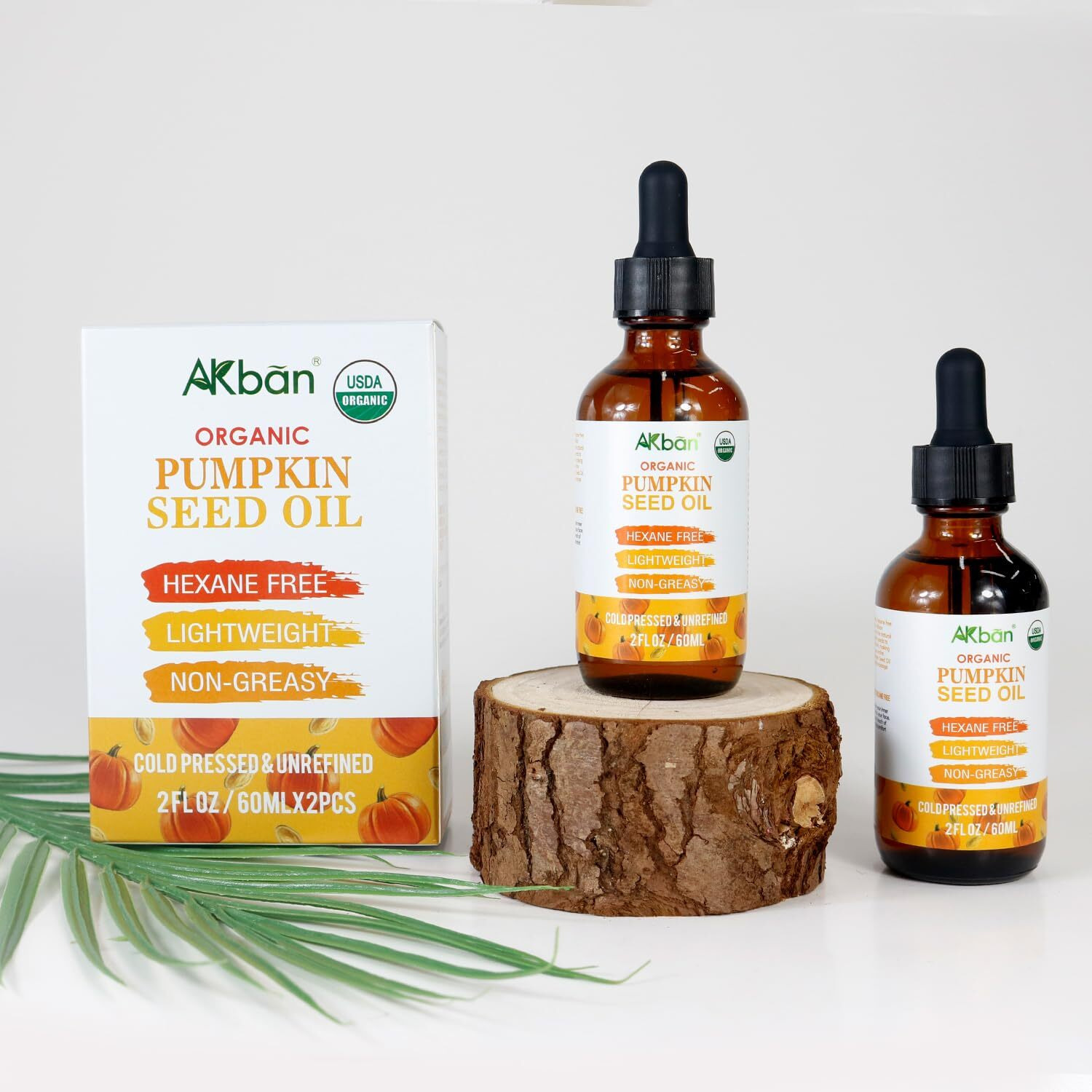 Akban Pumpkin Seed Oil For Hair Growth, 100% Pure Natural Cold Pressed Organic, Moisturizing & Nourishing Dry Damaged Hair & Scalp, For Skin Care, Hair Care, Body Massage, 2 Fl Oz + 2 Fl Oz