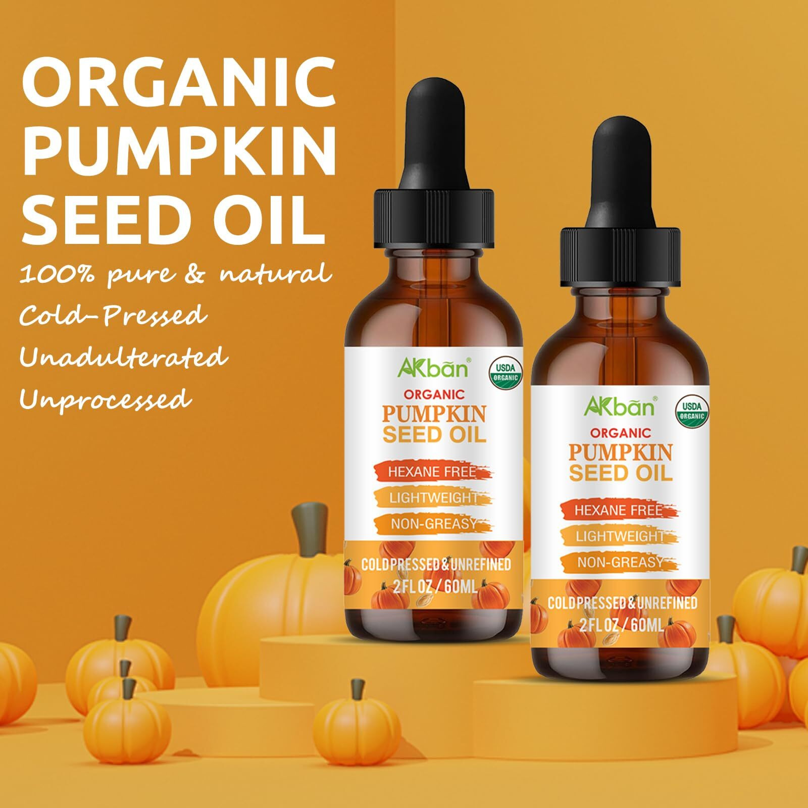 Akban Pumpkin Seed Oil For Hair Growth, 100% Pure Natural Cold Pressed Organic, Moisturizing & Nourishing Dry Damaged Hair & Scalp, For Skin Care, Hair Care, Body Massage, 2 Fl Oz + 2 Fl Oz