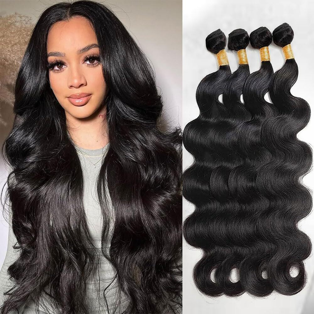 Zggtl Body Wave Bundles Human Hair 16 18 20 22Inch 100% Brazilian Human Hair 12A Natural Black 4 Bundles Human Hair Extensions