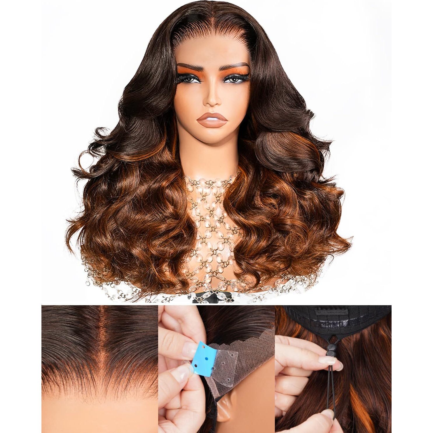 Arabella Pre Everything 13X6 Full Lace Body Wave Glueless Wig Human Hair Pre Plucked Pre Cut Omber Highlight Dark Brown 230% Density Lace Bleached Knots Ready To Go Wig 20 Inch