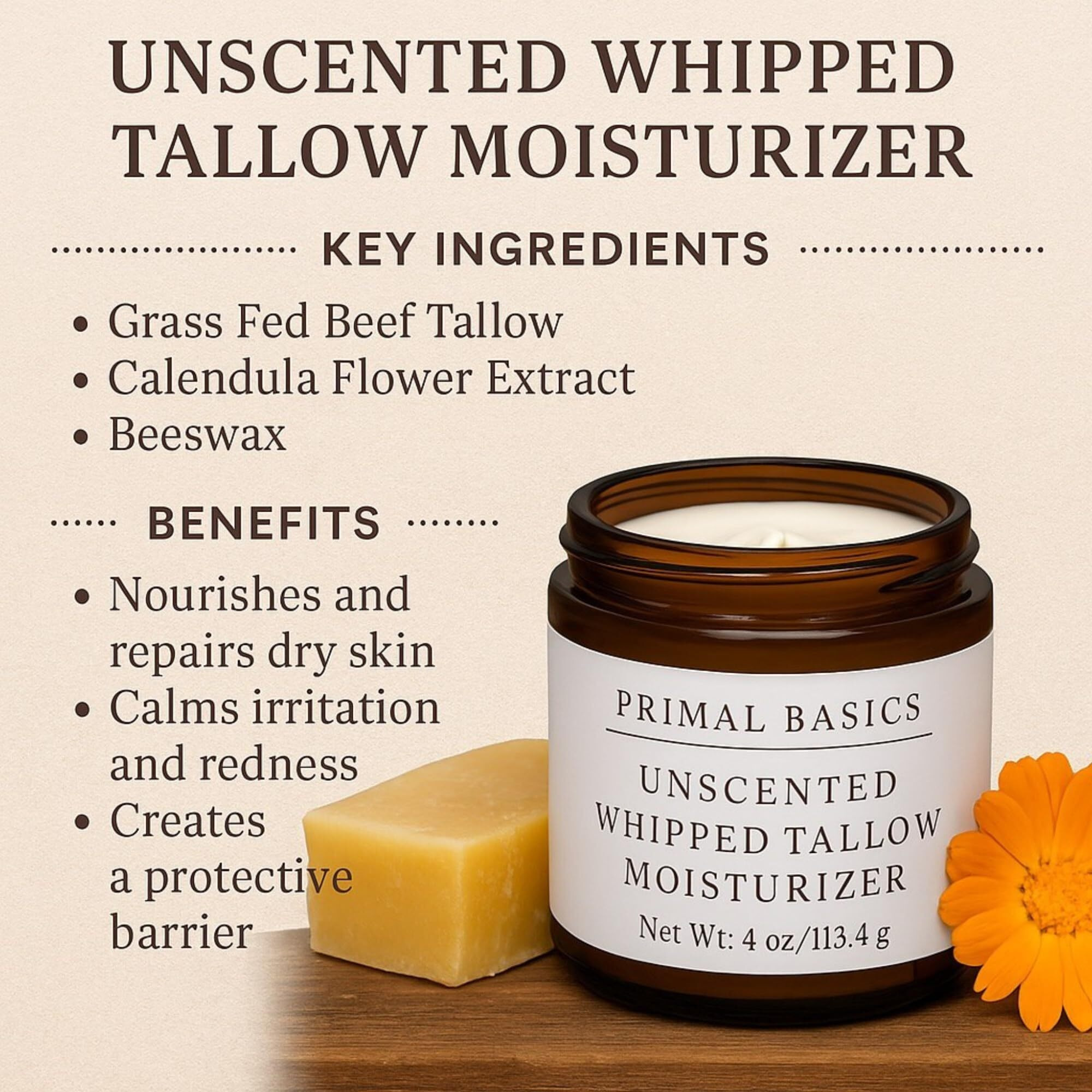 Primal Basics Grass Fed Grass Finished Whipped Unscented (Herb Infused With Calendula) Beef Tallow Moisturizer/Body Balm For Face, Body, Oily, Dry, Sensitive Skin -Contains Vitamins A, D, E, K