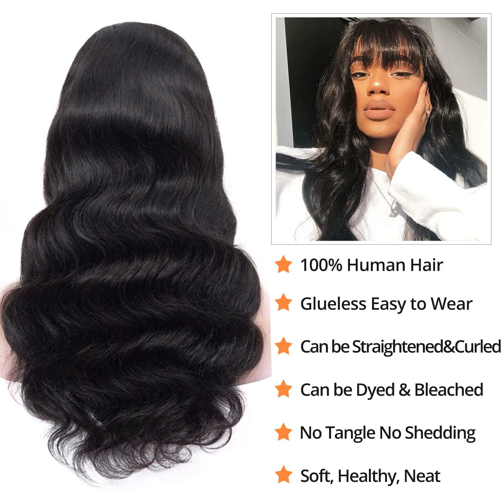 Wigs With Bangs Human Hair Wigs For Black Women Body Wave None Lace Front Wigs 150% Density Brazilian Virgin Hair Glueless Wig Natural Color (24Inch)