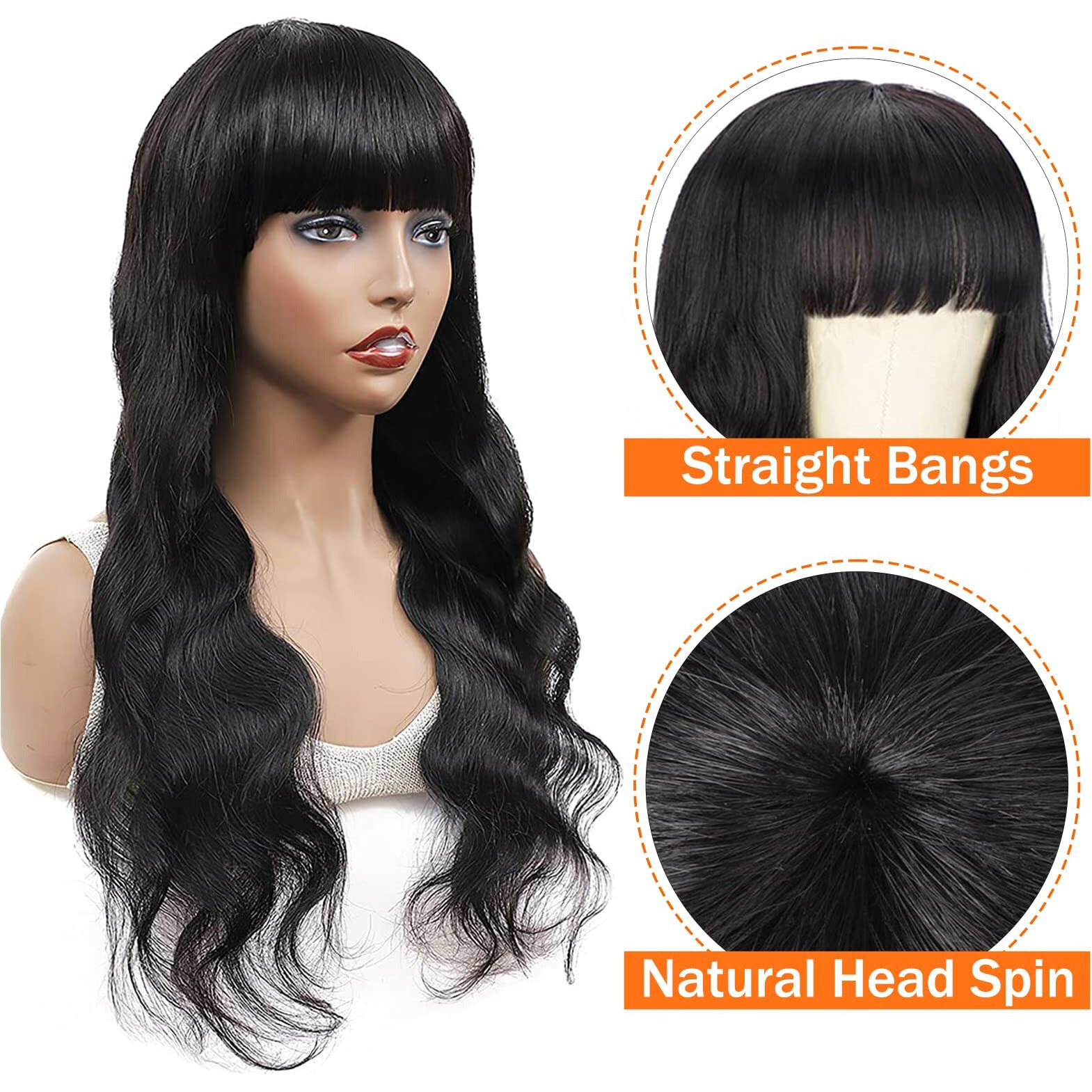 Wigs With Bangs Human Hair Wigs For Black Women Body Wave None Lace Front Wigs 150% Density Brazilian Virgin Hair Glueless Wig Natural Color (24Inch)