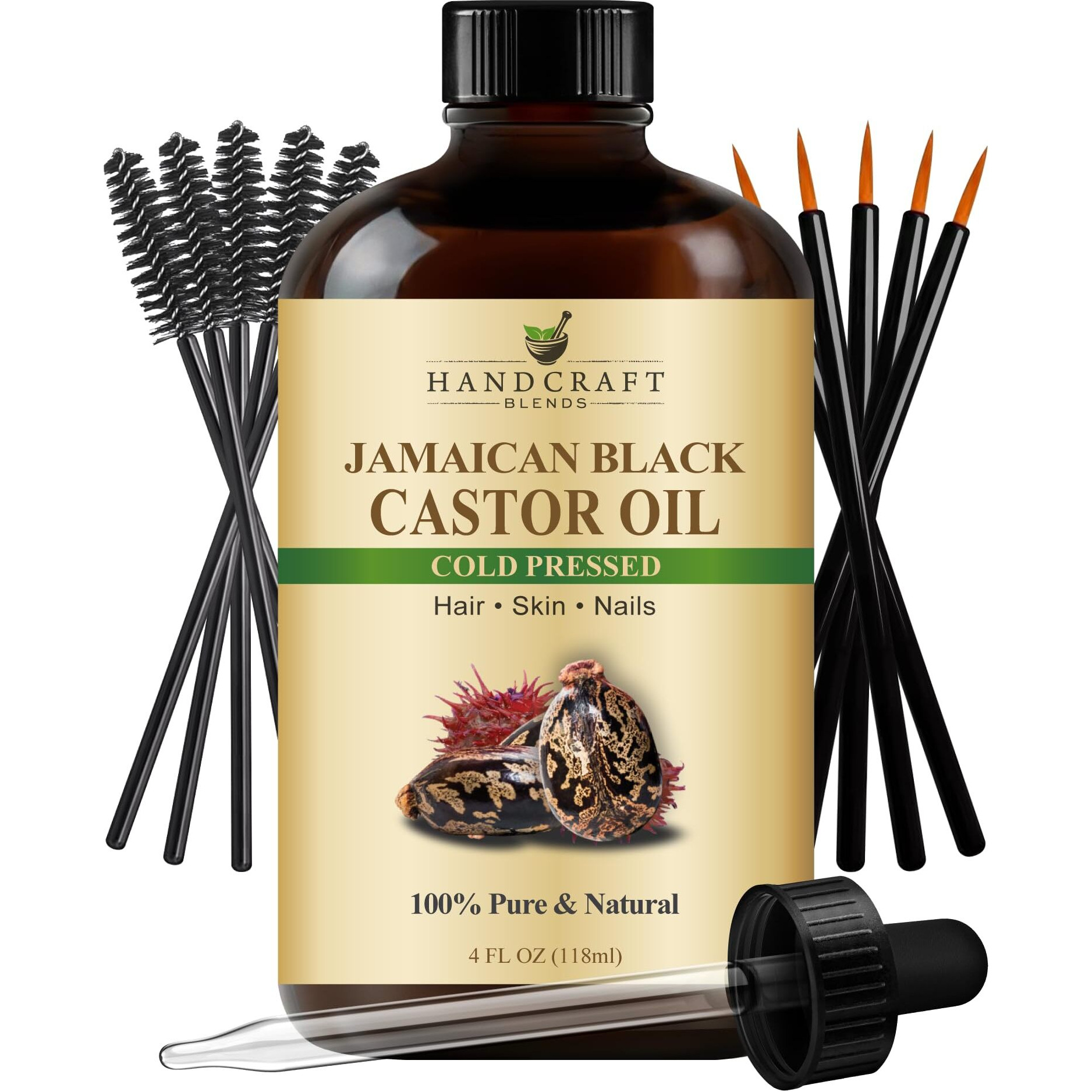 Handcraft Blends Cold-Pressed Jamaican Black Castor Oil In Glass Bottle With Lash Brushes - 4 Fl Oz - 100% Pure And Natural - Premium Grade Oil For Hair Growth, Eyelashes And Eyebrows - Hair And Body