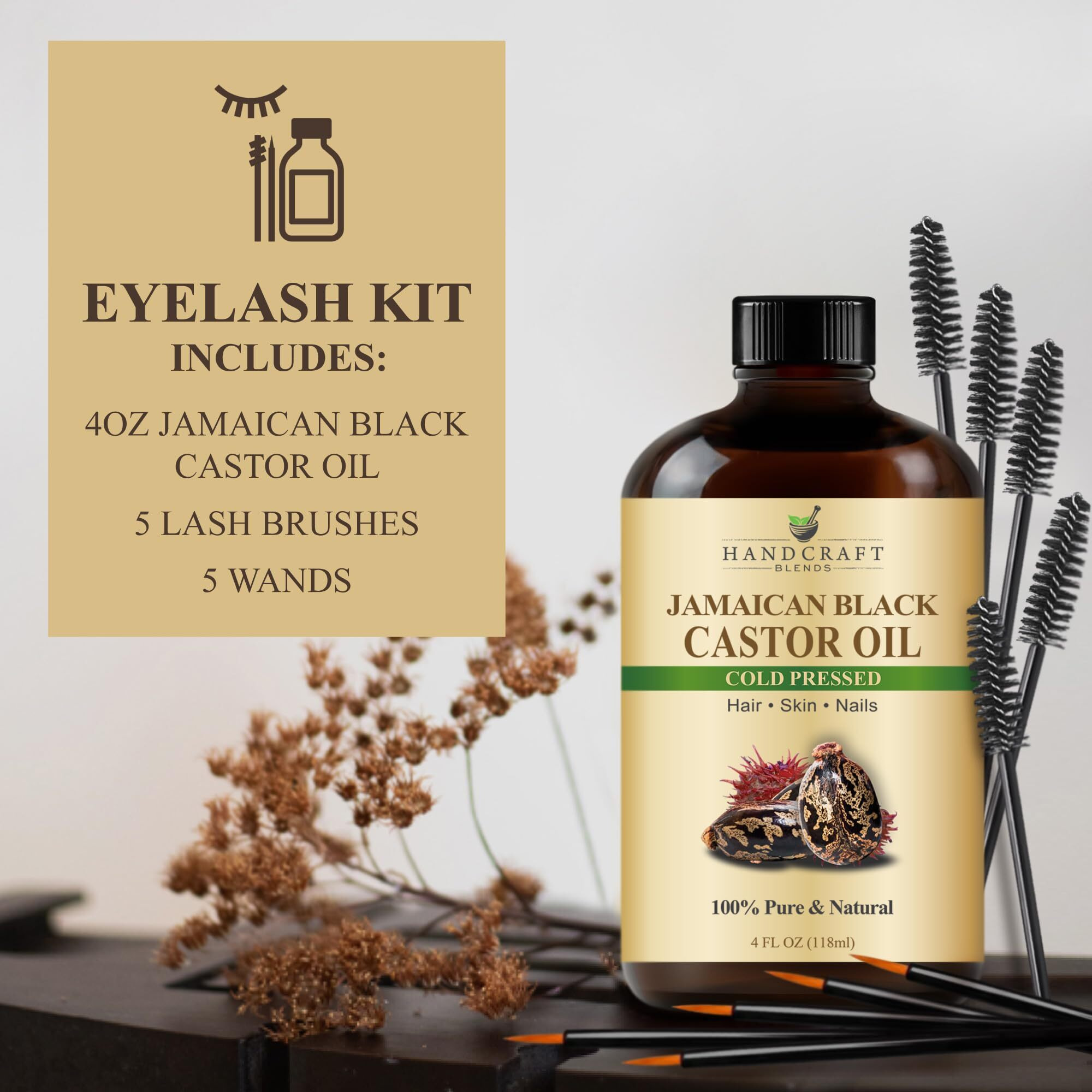 Handcraft Blends Cold-Pressed Jamaican Black Castor Oil In Glass Bottle With Lash Brushes - 4 Fl Oz - 100% Pure And Natural - Premium Grade Oil For Hair Growth, Eyelashes And Eyebrows - Hair And Body