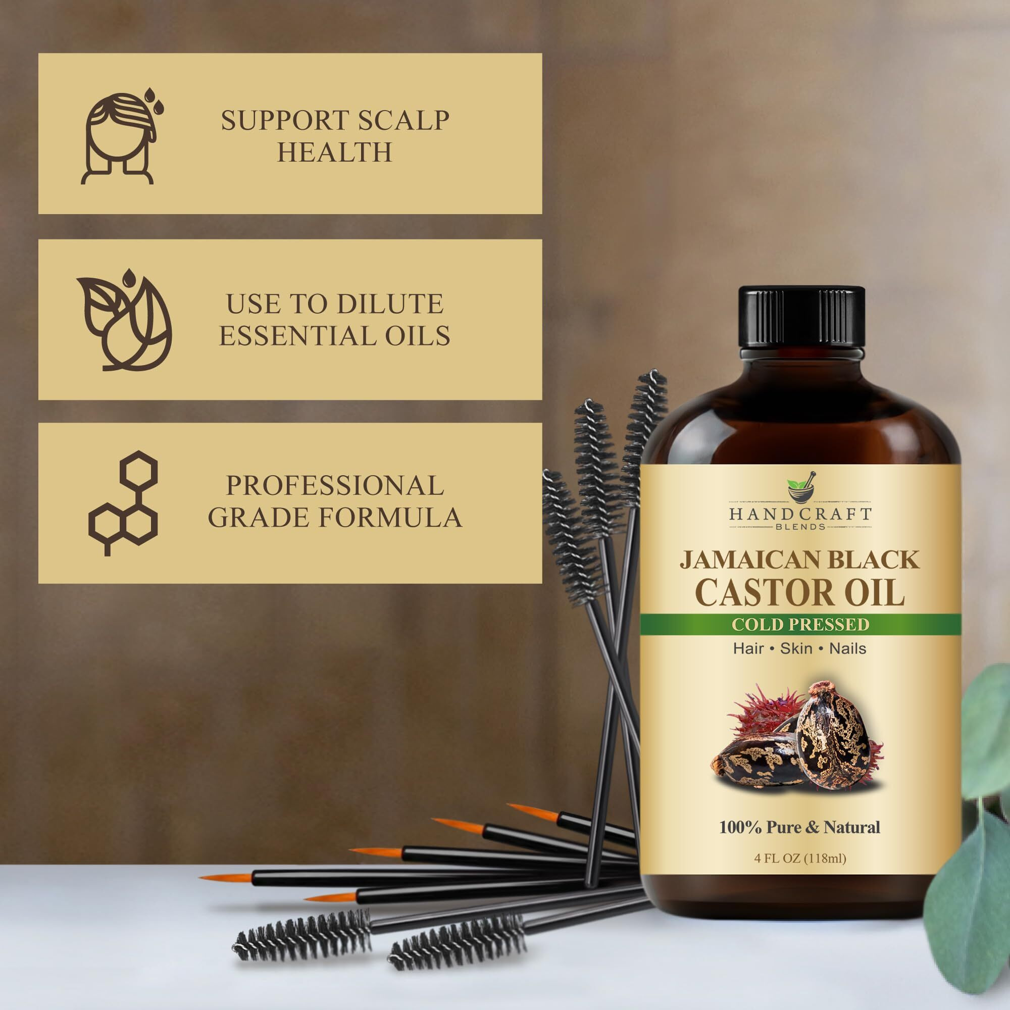 Handcraft Blends Cold-Pressed Jamaican Black Castor Oil In Glass Bottle With Lash Brushes - 4 Fl Oz - 100% Pure And Natural - Premium Grade Oil For Hair Growth, Eyelashes And Eyebrows - Hair And Body