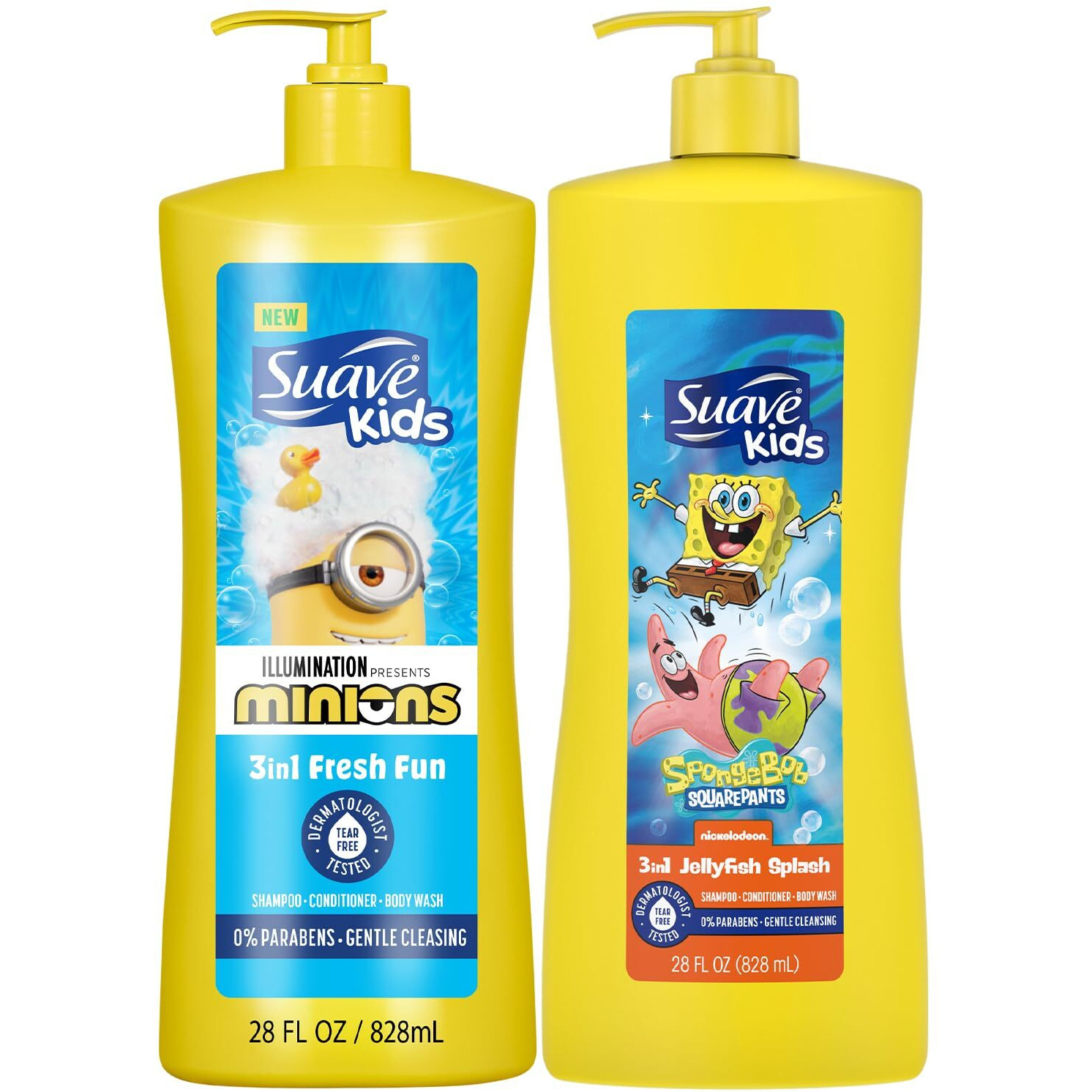 Suave Kids 3-In-1 Variety 2-Pack -  Minions Fresh Fun + Spongebob Squarepants Jellyfish Splash Tear-Free Shampoo, Conditioner & Body Wash, 28 Oz Ea