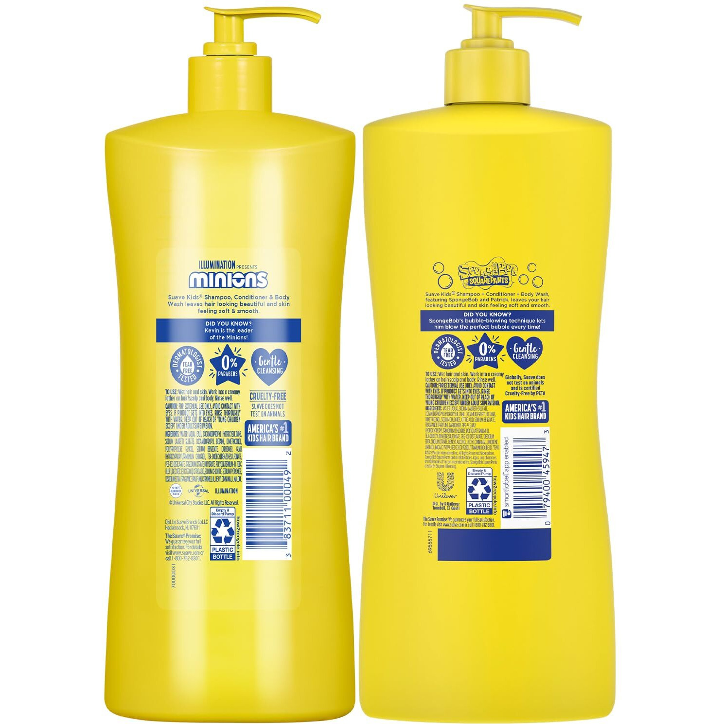 Suave Kids 3-In-1 Variety 2-Pack -  Minions Fresh Fun + Spongebob Squarepants Jellyfish Splash Tear-Free Shampoo, Conditioner & Body Wash, 28 Oz Ea