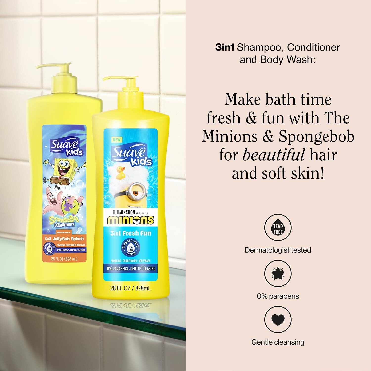 Suave Kids 3-In-1 Variety 2-Pack -  Minions Fresh Fun + Spongebob Squarepants Jellyfish Splash Tear-Free Shampoo, Conditioner & Body Wash, 28 Oz Ea
