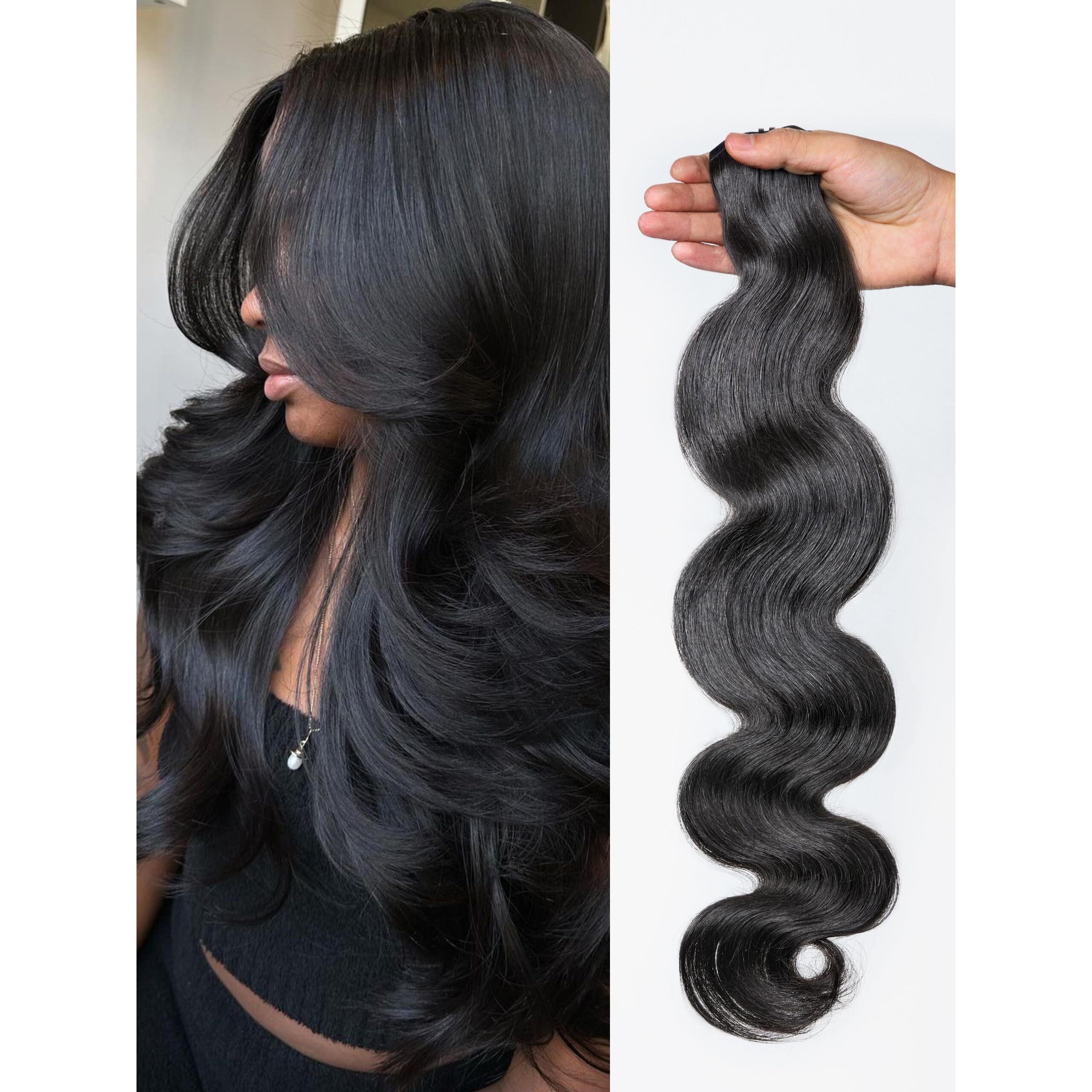 Luvme Invisible Clip In Hair Extensions Body Wave Real Human Hair, Remy Hair Clip Ins For Women, Natural Human Hair, 22 Inch 110G 7Pcs, Natural Black