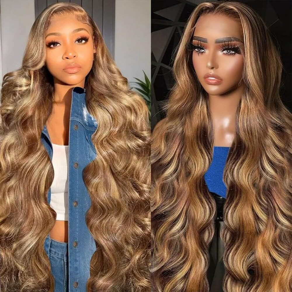 34 Inch Honey Blonde Ombre Lace Front Wig Human Hair 180% Density Body Wave Lace Front Wigs Human Hair Pre Plucked 4/27 Highlight Hd Lace Frontal Wigs Human Hair For Women Pre Plucked With Baby Hair