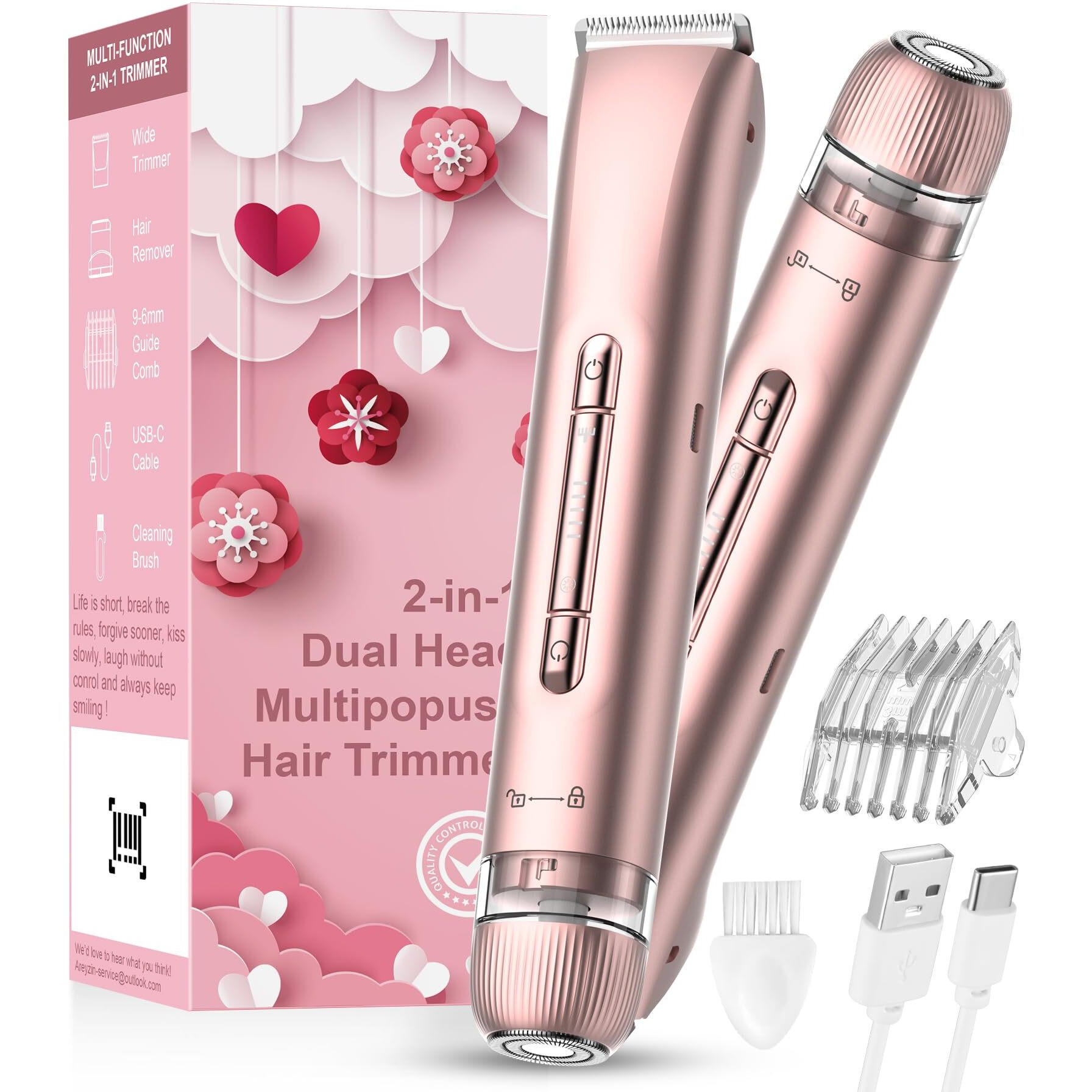 Bikini Trimmer For Women - Waterproof Dual Head Electric Shaver With Ceramic Blade, Rechargeable Electric Razors For Women, Travel-Friendly Bikini Shaver For Wet & Dry Use, Face & Body Hair Removal