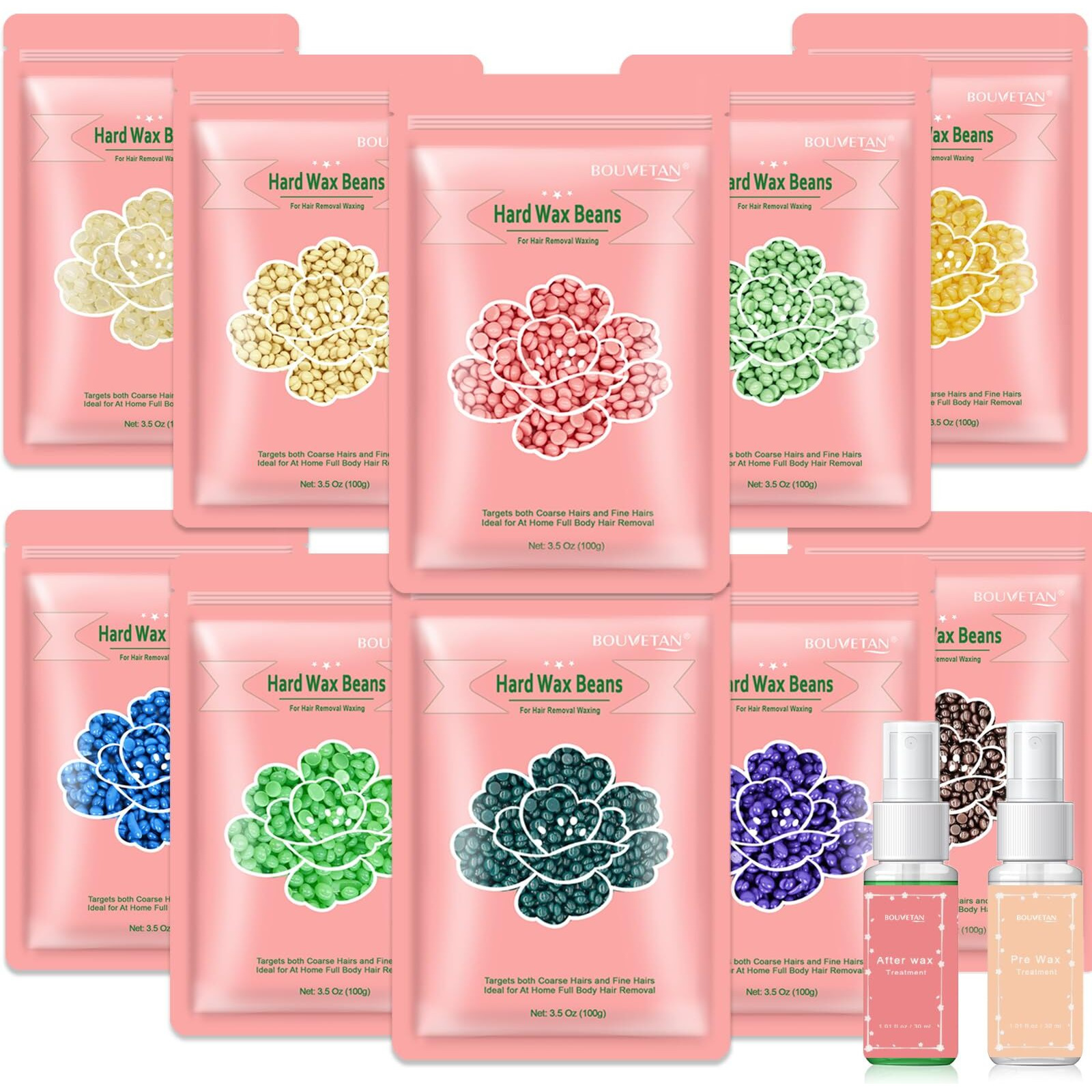 Bouvetan Wax Beads For Hair Removal, 2.2Lb/1000G Hard Waxing Beans For Full Body, Brazilian, Bikini, Face, Eyebrows, Home Wax Refill For Women & Men, Pack Of 10 With Pre & Post Oil