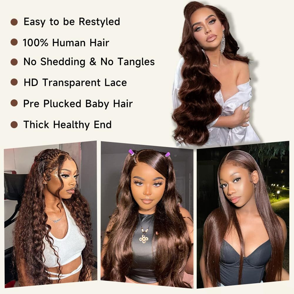 Kekeyy 20 Inch Chocolate Brown Lace Front Wig 13X4 Body Wave Lace Front Wigs Human Hair Pre Plucked With Baby Hair Brown Wig 200 Density Hd Lace Frontal Wigs Human Hair