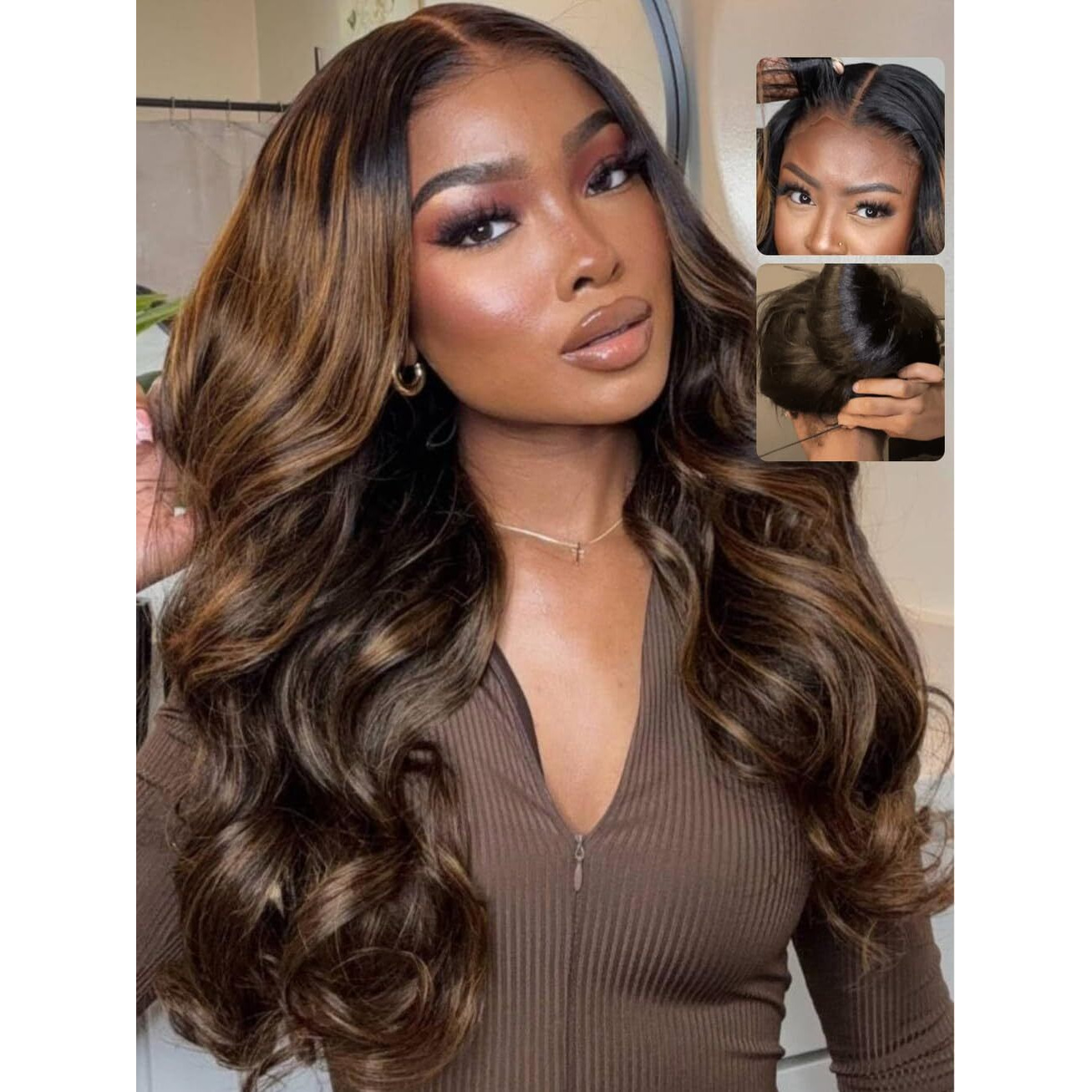 Unice Balayage Highlight Body Wave 7X5 Lace Front Wigs Human Hair With Drawstring Bye Bye Knots Glueless Wig Human Hair Pre Plucked Pre Cut Put On And Go 150% Density 24 Inch