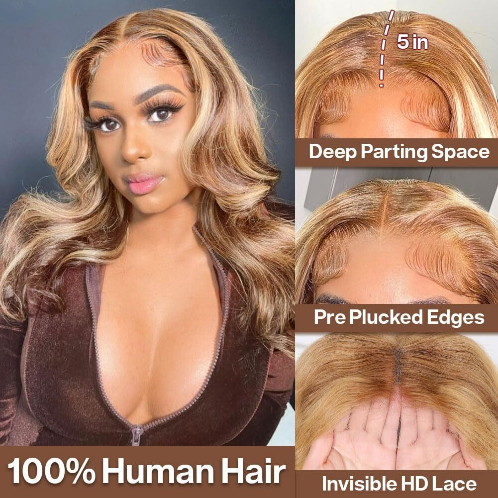 Omswet Highlight 5X5 Hd Lace Body Wave Closure Human Hair Bob Wigs For Black Women Glueless Pre Plucked Pre Bleached Human Hair Wig 200 Density 4/27 Wear And Go Body Wave Bob Wig 16 Inch