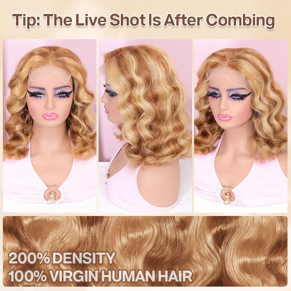 Omswet Highlight 5X5 Hd Lace Body Wave Closure Human Hair Bob Wigs For Black Women Glueless Pre Plucked Pre Bleached Human Hair Wig 200 Density 4/27 Wear And Go Body Wave Bob Wig 16 Inch