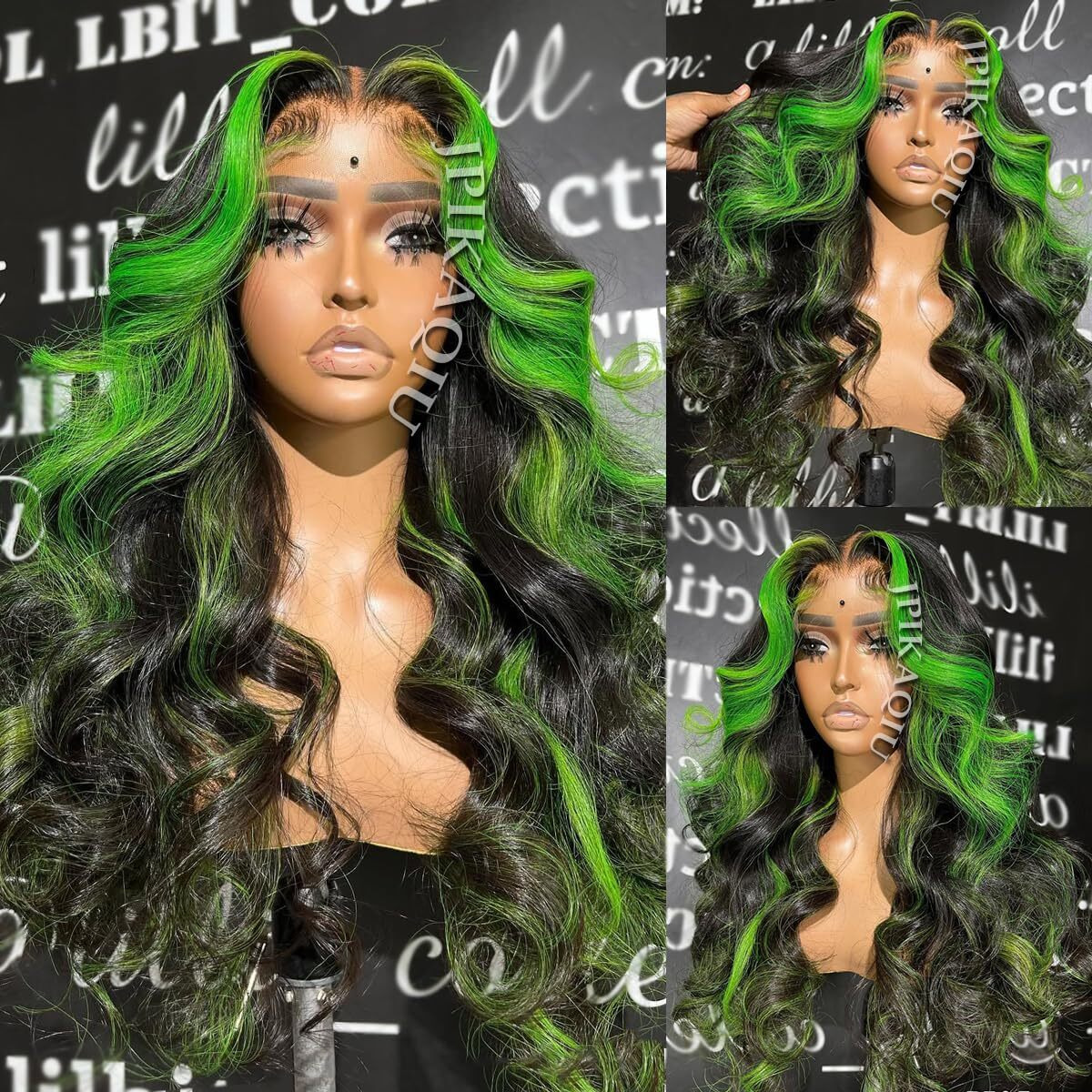 Jpikaqiu Green Highlight Synthetic Lace Front Wig Pre Plucked 24 Inch Body Wave Black Hair 13X4 Hd Lace Front Wig Green Skunk Stripe 180% Density Heat Resistant Soft Hair For Fashion Women