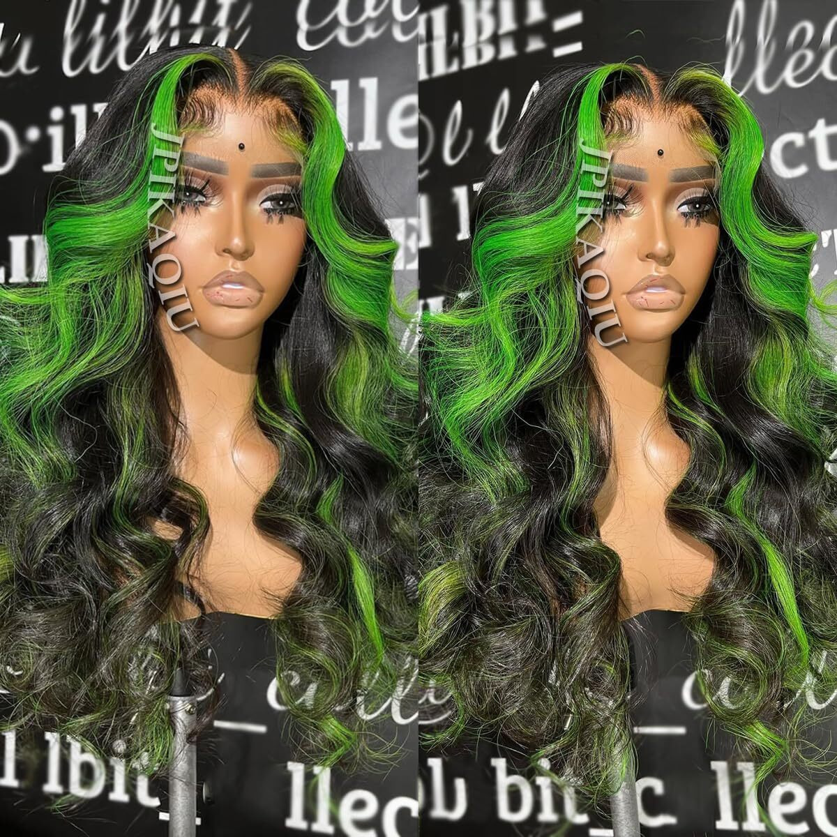 Jpikaqiu Green Highlight Synthetic Lace Front Wig Pre Plucked 24 Inch Body Wave Black Hair 13X4 Hd Lace Front Wig Green Skunk Stripe 180% Density Heat Resistant Soft Hair For Fashion Women