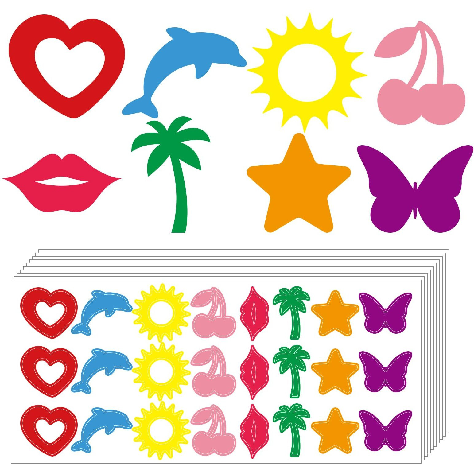 Whaline 240Pcs Tanning Sunbathing Stickers Heart Lips Star Sun Dolphin Butterfly Cherry Tree Tanning Decals Colorful Self Adhesive Body Stickers For Summer Beach Outdoor Indoor Salon Party Supplies