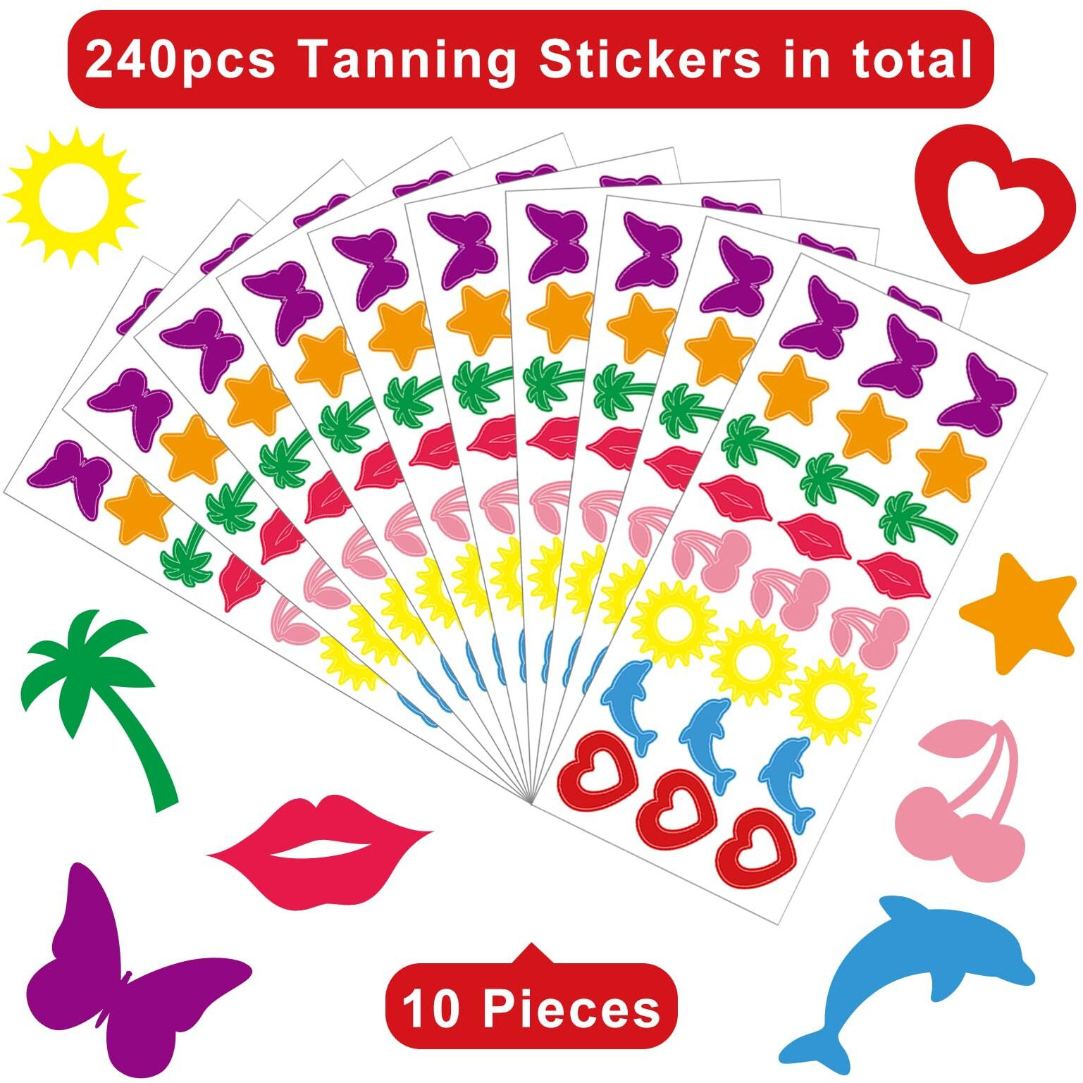 Whaline 240Pcs Tanning Sunbathing Stickers Heart Lips Star Sun Dolphin Butterfly Cherry Tree Tanning Decals Colorful Self Adhesive Body Stickers For Summer Beach Outdoor Indoor Salon Party Supplies