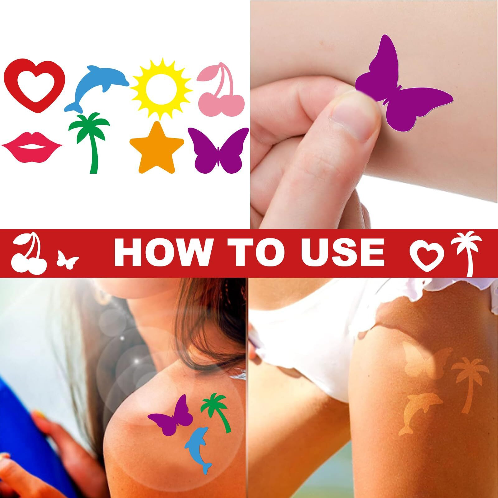Whaline 240Pcs Tanning Sunbathing Stickers Heart Lips Star Sun Dolphin Butterfly Cherry Tree Tanning Decals Colorful Self Adhesive Body Stickers For Summer Beach Outdoor Indoor Salon Party Supplies
