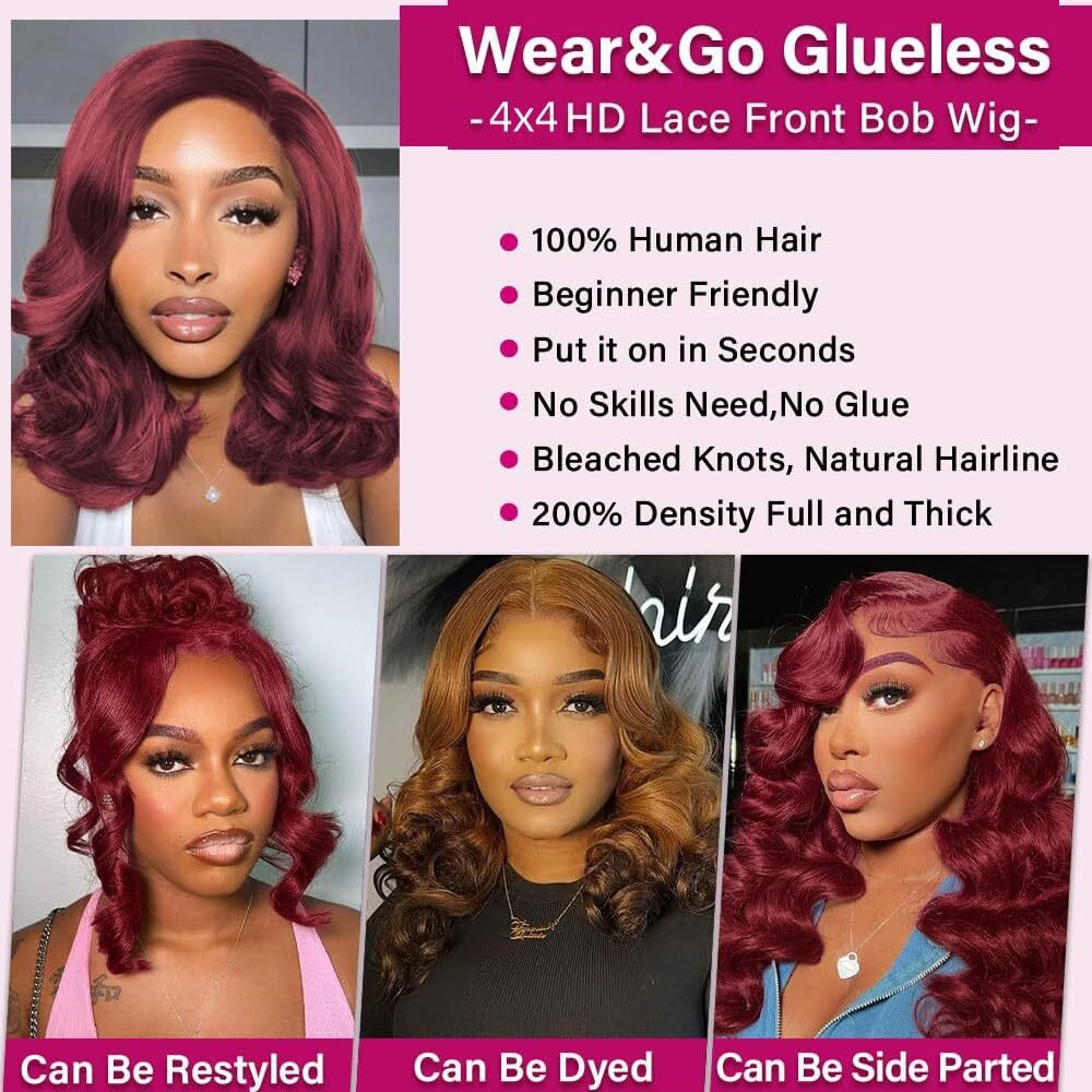 99J Burgundy Glueless Body Wave Bob Wig Human Hair 200% Density With Baby Hair 4X4 Hd Lace Closure Wigs For Black Women Wear And Go Glueless Bob Wig (10Inch)