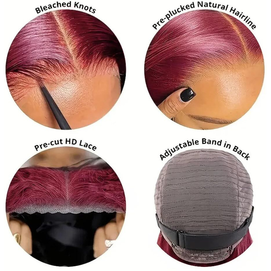 99J Burgundy Glueless Body Wave Bob Wig Human Hair 200% Density With Baby Hair 4X4 Hd Lace Closure Wigs For Black Women Wear And Go Glueless Bob Wig (16 Inch)