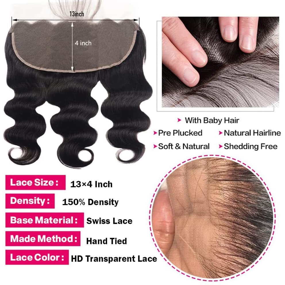 Human Hair 3 Bundles With 13X4 Lace Closure 100% Unprocessed Brazilian Body Wave Human Hair Bundles With Closure Double Weft Ocean Wave Human Hair Extensions(12 14 16+10 Frontal)