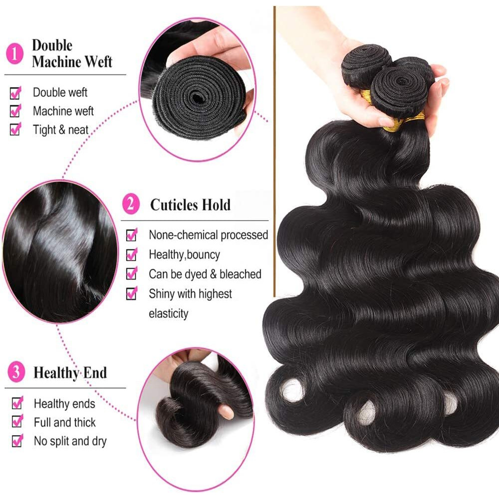 Human Hair 3 Bundles With 13X4 Lace Closure 100% Unprocessed Brazilian Body Wave Human Hair Bundles With Closure Double Weft Ocean Wave Human Hair Extensions(12 14 16+10 Frontal)