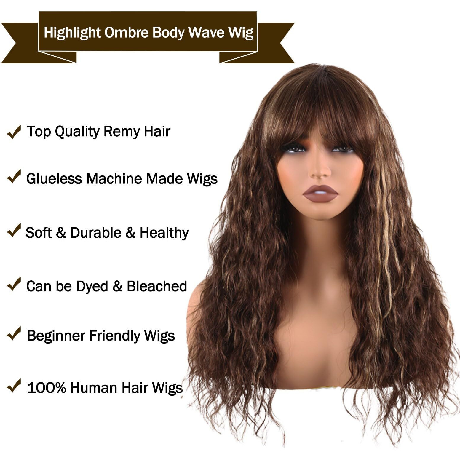 Manemajesty Body Wave Wigs With Bangs Human Hair Wig For Women Ombre None Lace Wear And Go Glueless Wig Highlight Balayage Machine Made Brazilian Human Hair Wigs(22 Inch,Fs4/27)