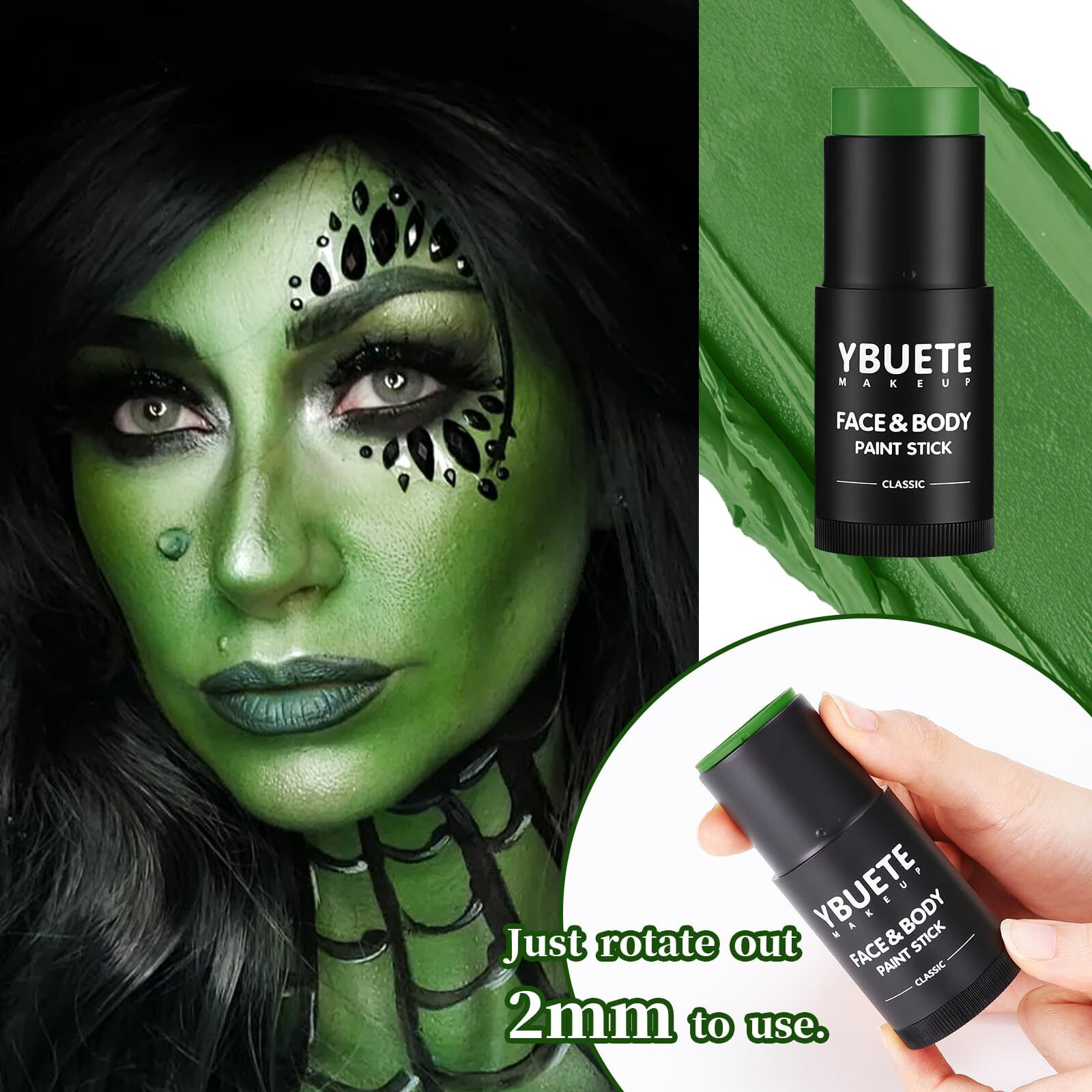 Ybuete Green Face Body Painting Stick, Professional Full-Coverage Cream Green Face Paint For St. Patrick's Day Halloween Sfx Witch Monster Cosplay Makeup, Washable Body Paint For Adult Carnival