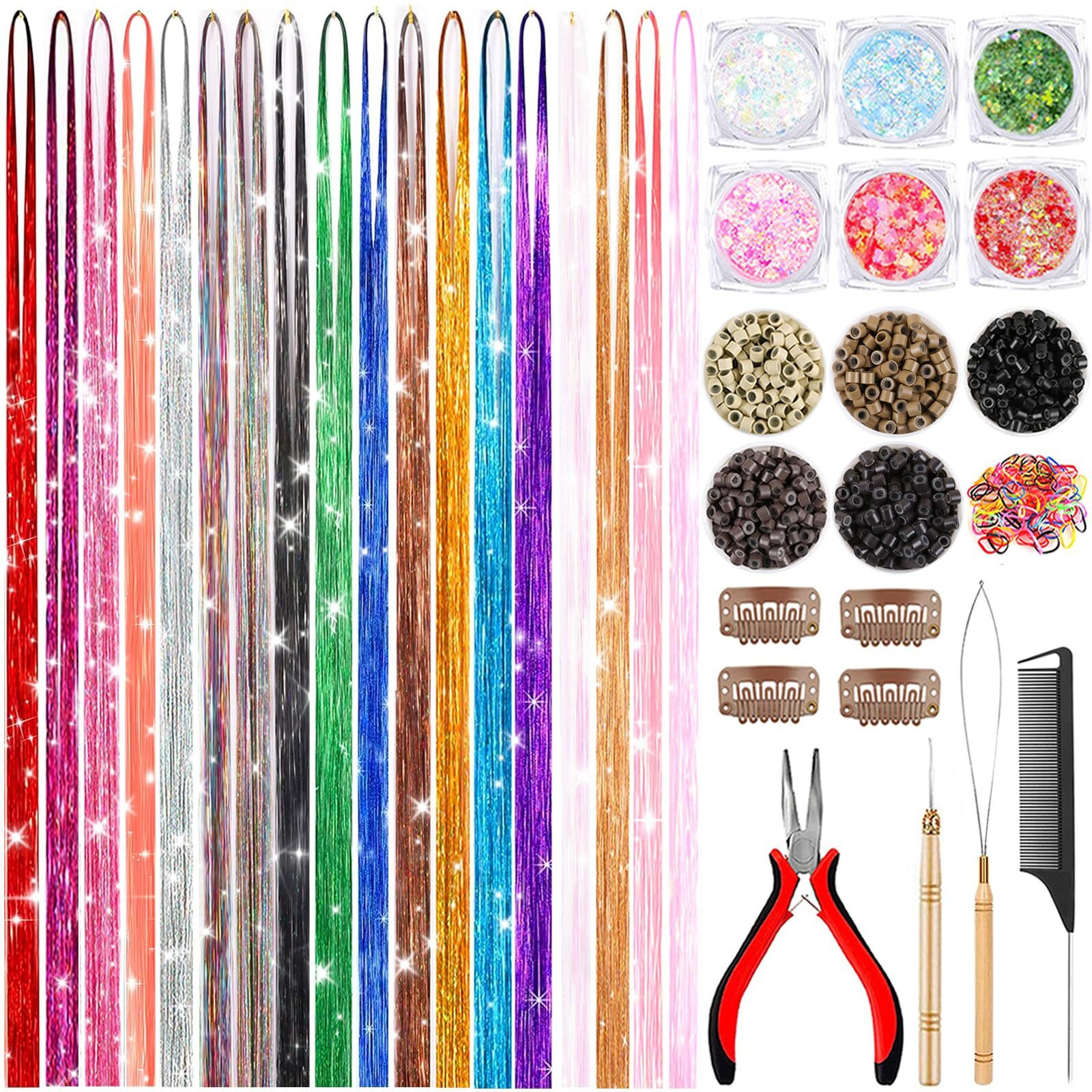 Hair Tinsel Kit With Body Glitter 18 Colors 48 Inch 9000 Strands Glitter Tinsel Hair Extensions With Tools Fairy Hair Accessories, Suitable For Festivals And Daily Use (18 Colors Hair Tinsel Kit)