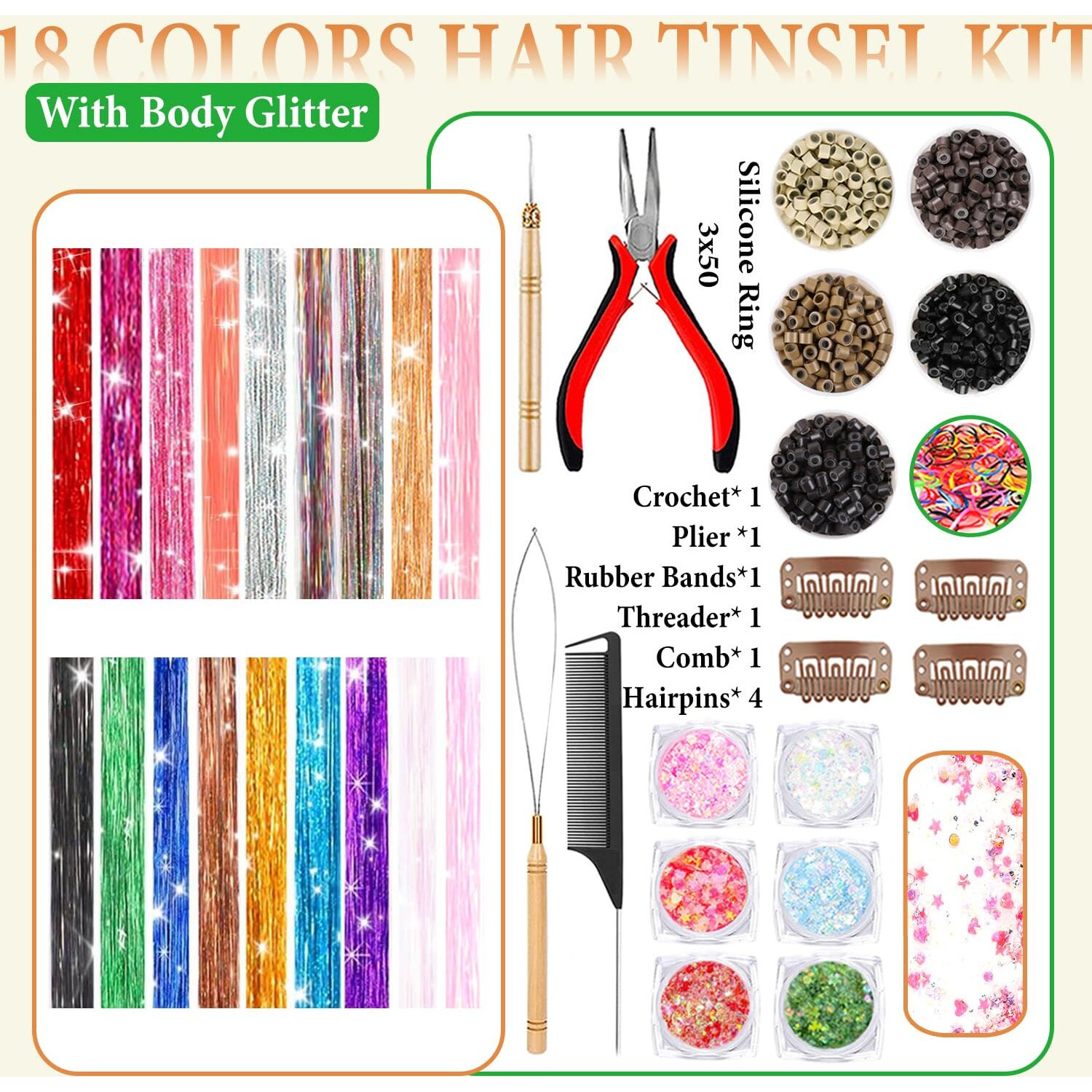 Hair Tinsel Kit With Body Glitter 18 Colors 48 Inch 9000 Strands Glitter Tinsel Hair Extensions With Tools Fairy Hair Accessories, Suitable For Festivals And Daily Use (18 Colors Hair Tinsel Kit)