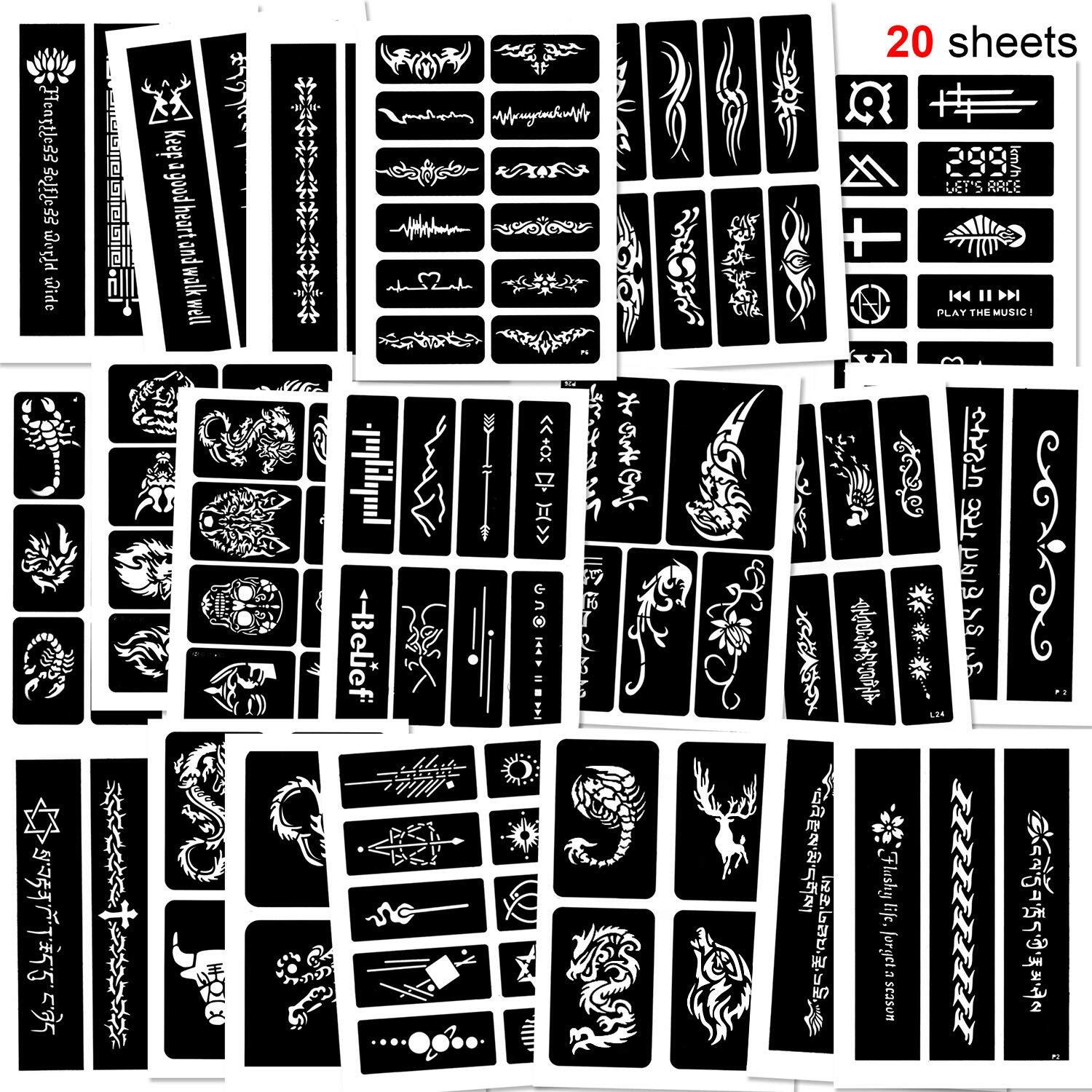 Konsait 123Pcs Large Temporary Tattoos Stencils, 20 Sheets Boys And Man Glitter Tattoo Kit Templates Face Painting Stencil Body Art Stencil Pack For Adults Girls Women Kids Teenager Adultssigns