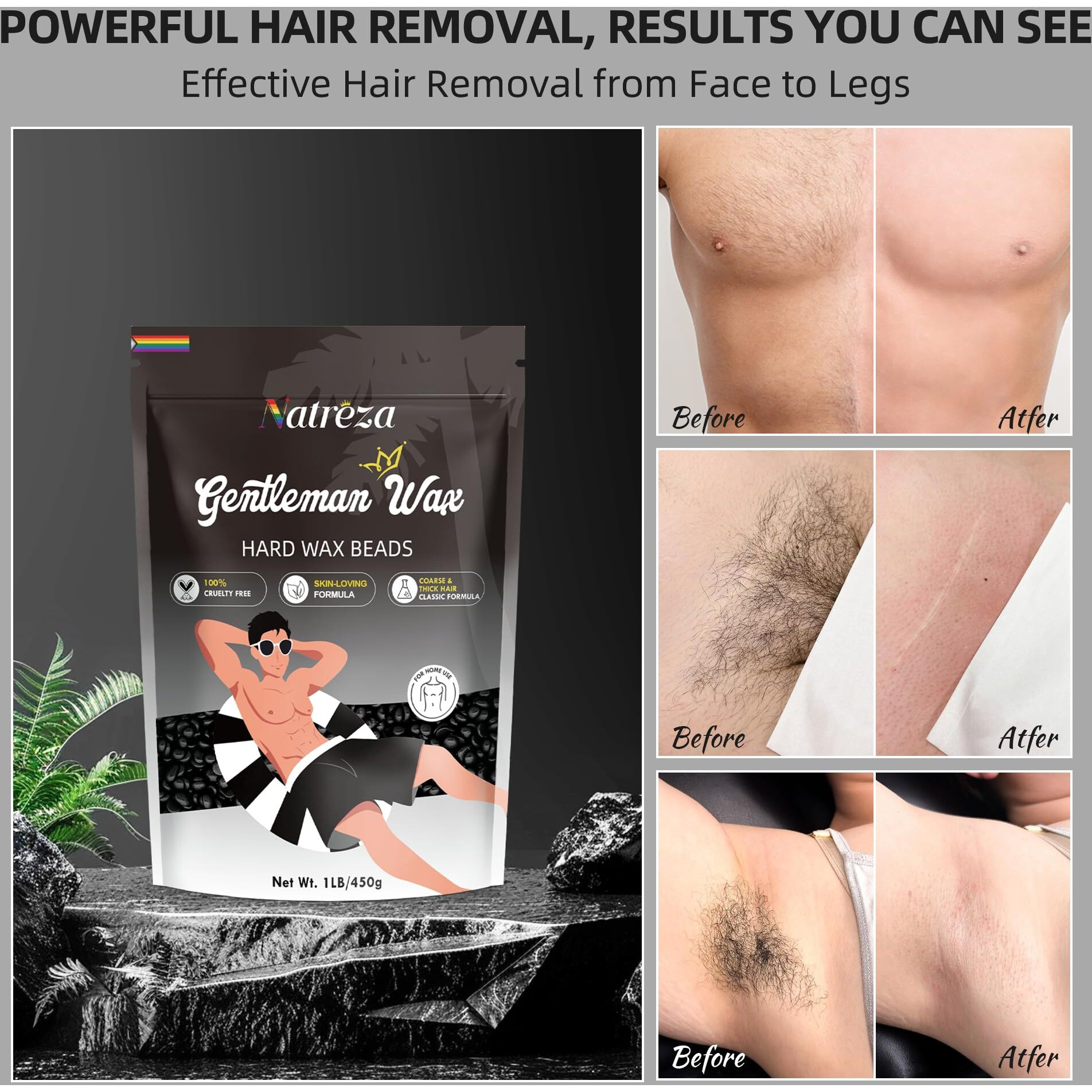 Natreza Wax Beads For Hair Removal, 1Lb Hard Wax Ideal For Face, Brazilian, Bikini, Chest, Back, Body, Arms, Legs Waxing, Wax Pearls For Men Women Home Salon Use, Black