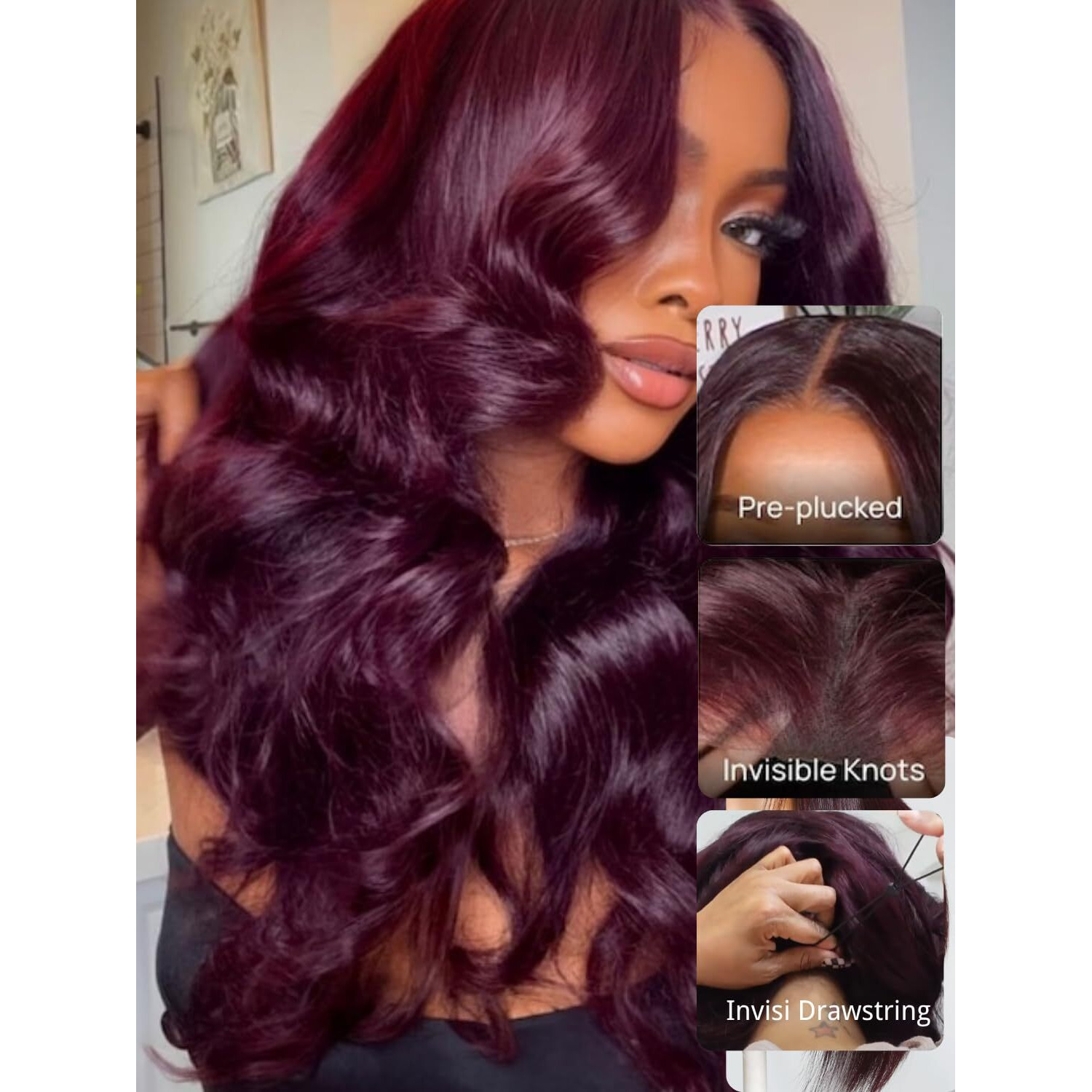 Nadula Bye Bye Knots Glueless Black Cherry Loose Body Wave Drawstring Wigs Human Hair With With Face Framing Bangs, Pre Cut 7X5 Hd Lace Front Wigs Pre Plucked Ready To Wear Wig 180% Density 18Inch