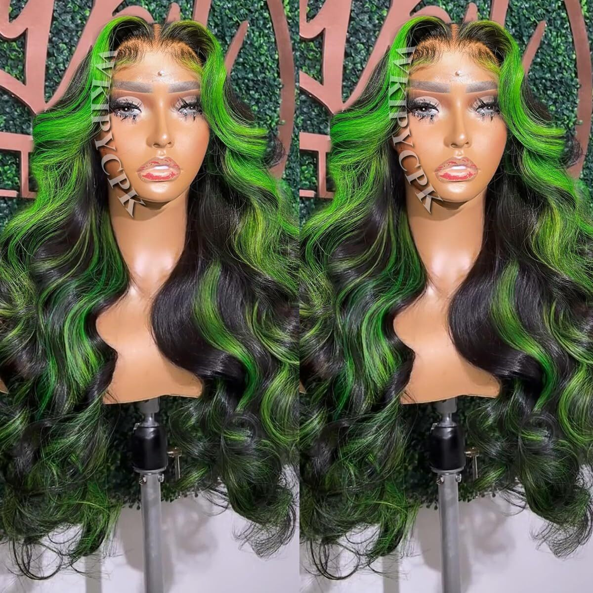 Wkipycpk Green Highlight Lace Front Wig Black Hair With Green Skunk Stripe Synthetic Lace Front Wigs For Black Women 24 Inch Long Body Wave Heat Resistant Hair Pre Plucked Natural Hairline