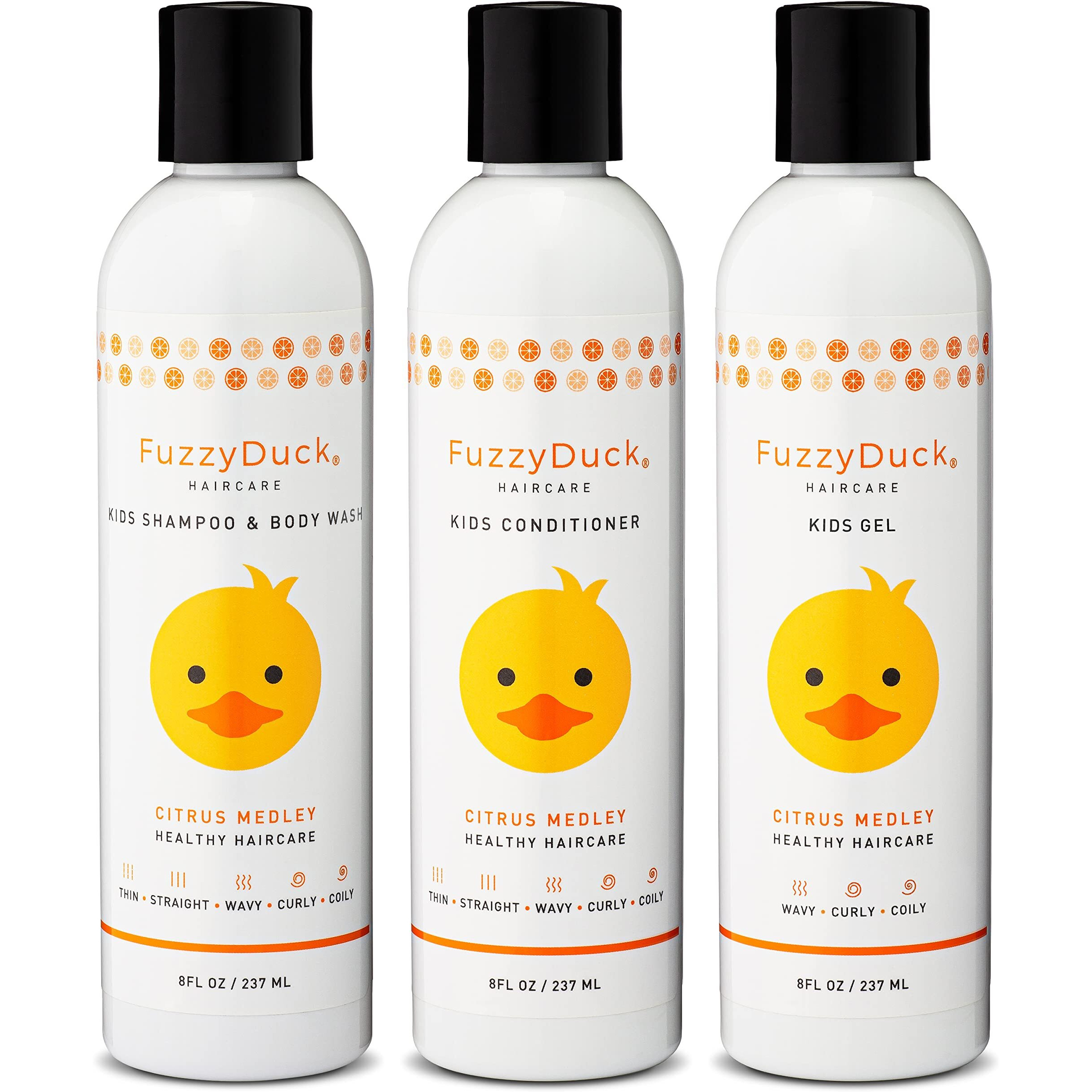 Fuzzyduck Kids Shampoo + Body Wash, Conditioner And Hair Gel Set (8Oz Each) For All Hair Types, Moisturizer With Aloe, Sea Botanicals & Honey To Reduce Frizz, Increase Moisture & Manageability For Smooth, Silky Hair - Citrus Medley