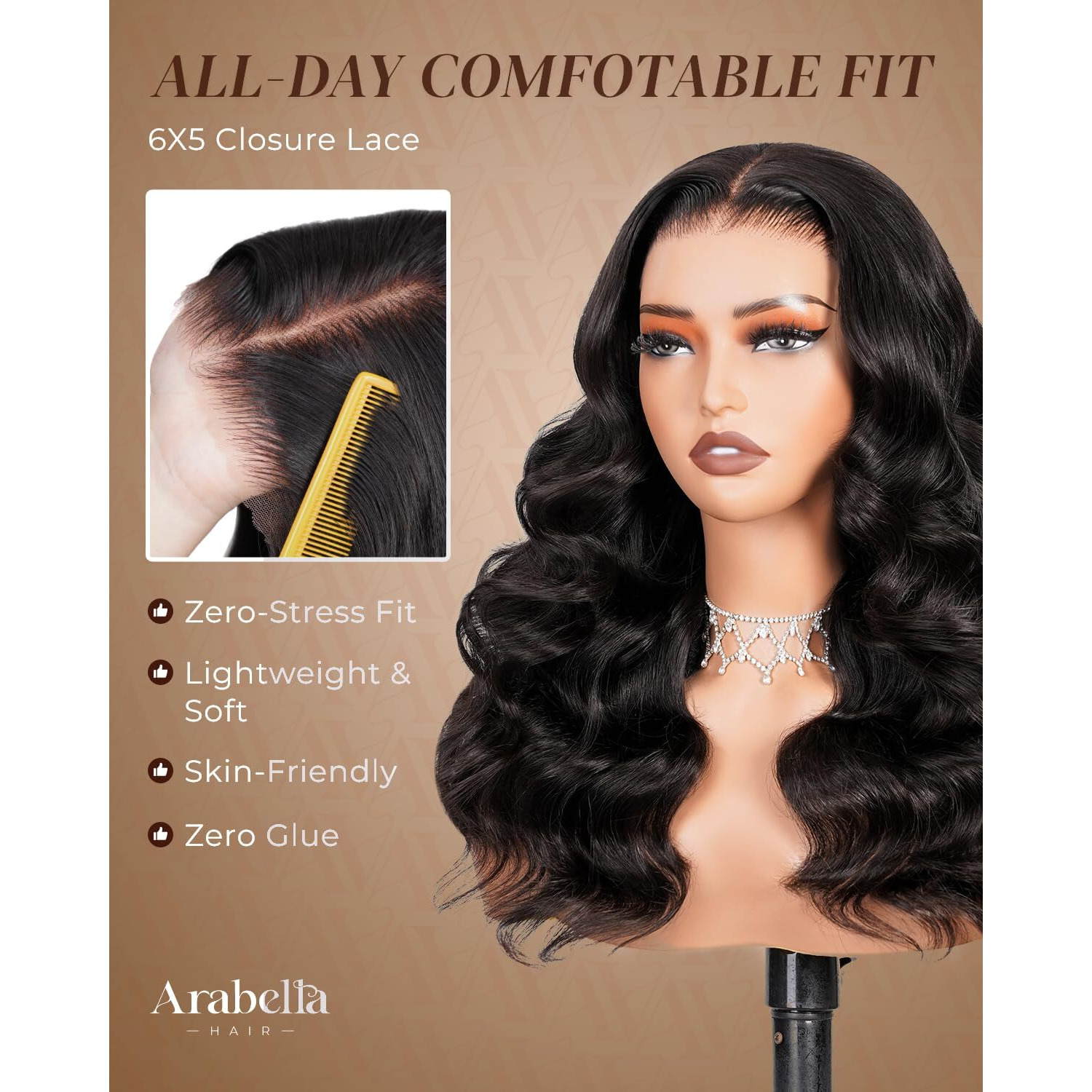 Arabella Hair 5X6 Glueless Wigs Natural Color Human Hair Pre Plucked Pre Cut 230% Density Glueless Wigs 100% Human Hair 12A Pre Plucked Bleached Knots Body Wave Wig Human Hair 20Inch