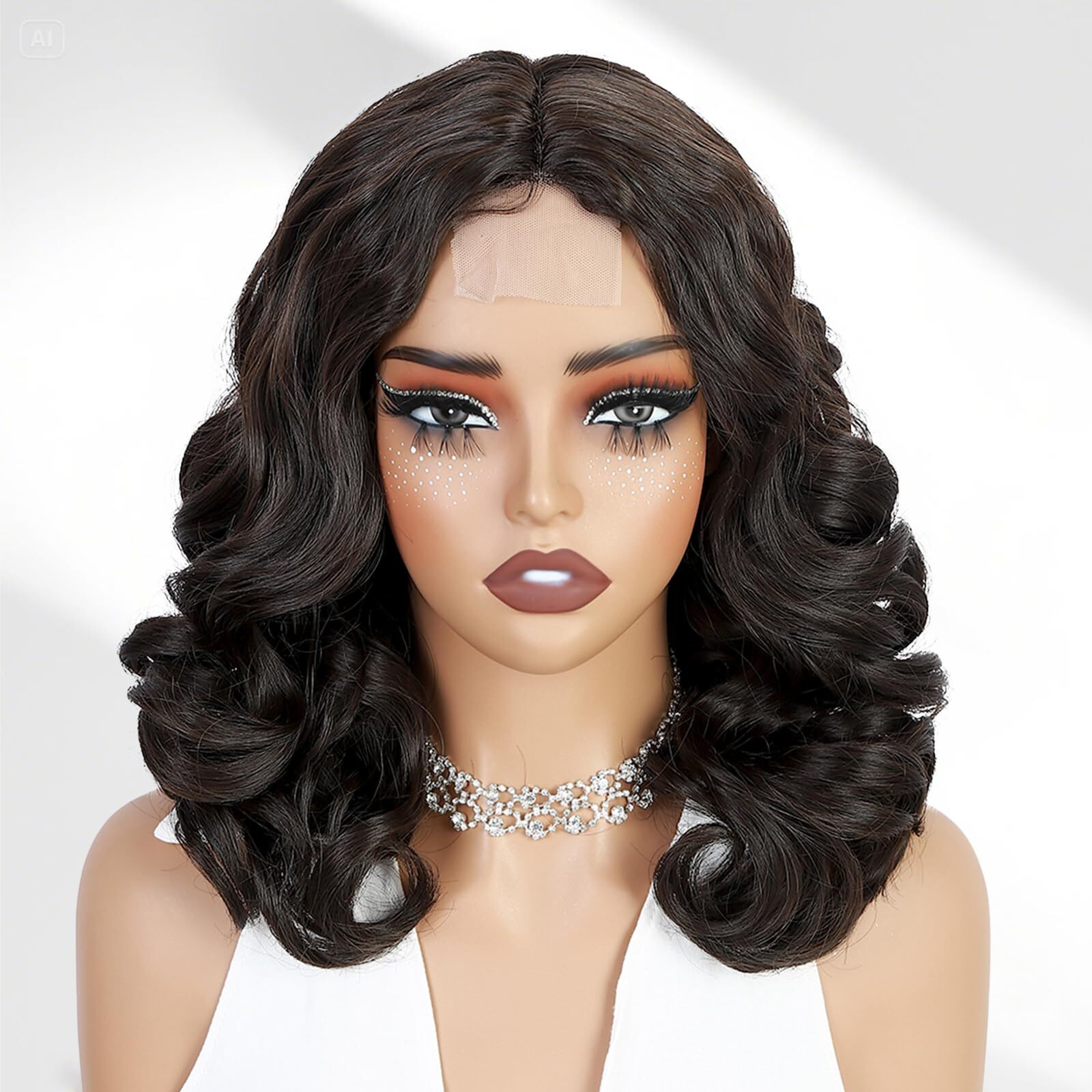 Wiger Lace Part Black Body Wave Hair Wig Dark Brown Short Wavy Wigs For Women 16 Inch Middle Part Shoulder Length Bob Wigs Loose Wave Hair Synthetic Curly Wig For Daily Or Party