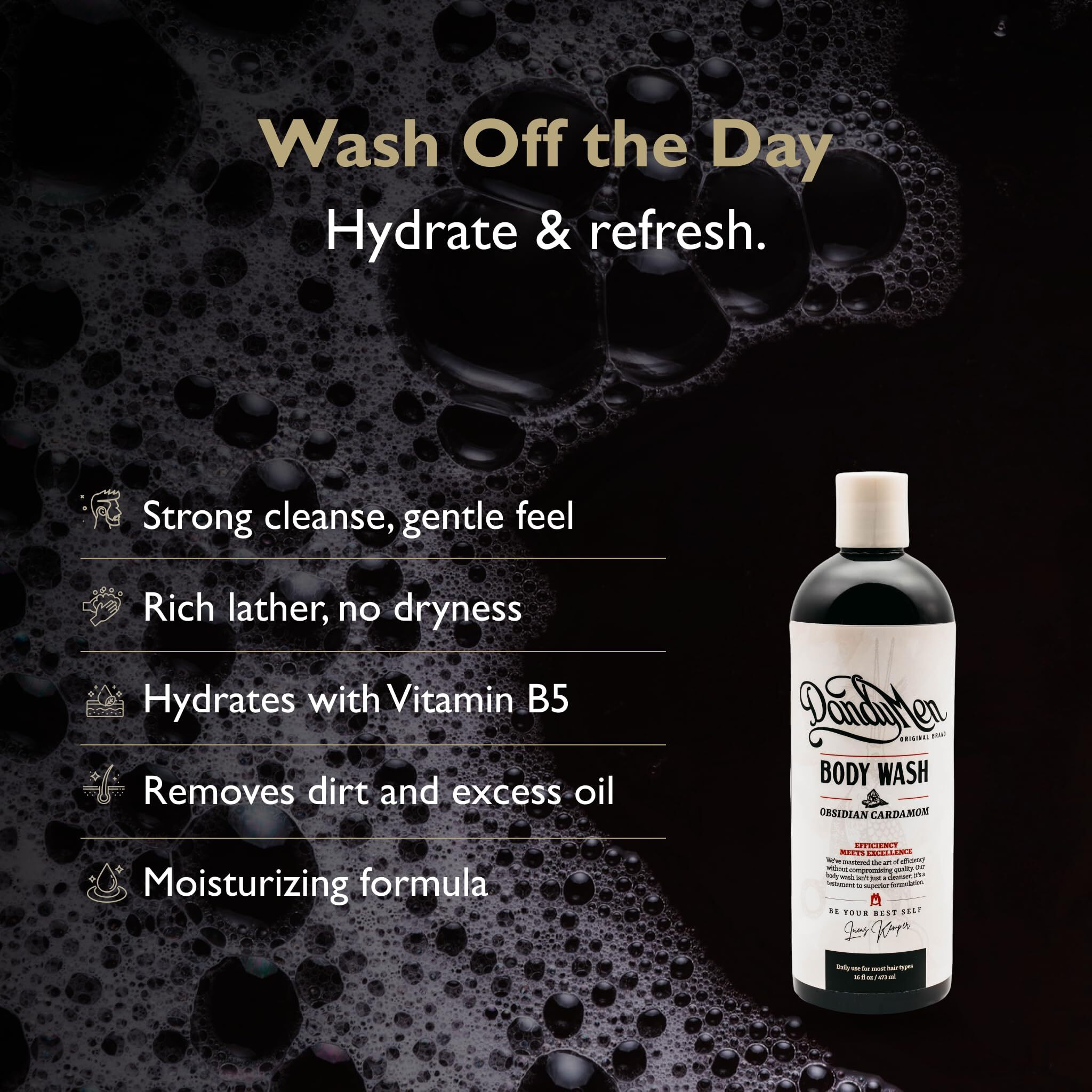 Dandymen 3-In-1 Body Wash, Shampoo & Face Cleanser - Hydrating Men's Wash - 16Oz (1-Pack, Obsidian Cardamom)