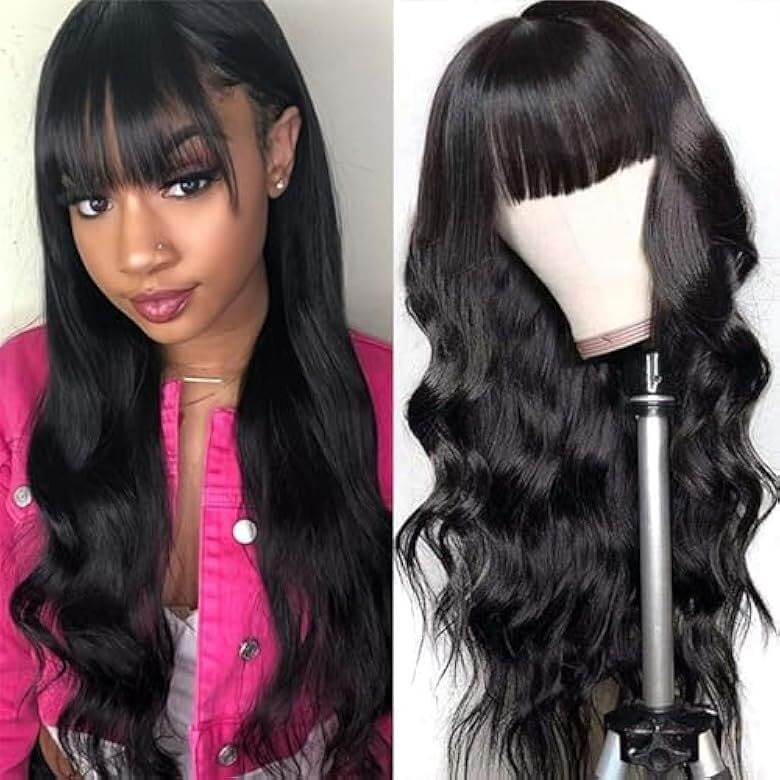 Roseline Body Wave Wigs With Bangs Human Hair Wigs For Black Women None Lace Front Wigs 150% Density Brazilian Virgin Hair Glueless Wig Natural Color 22Inch