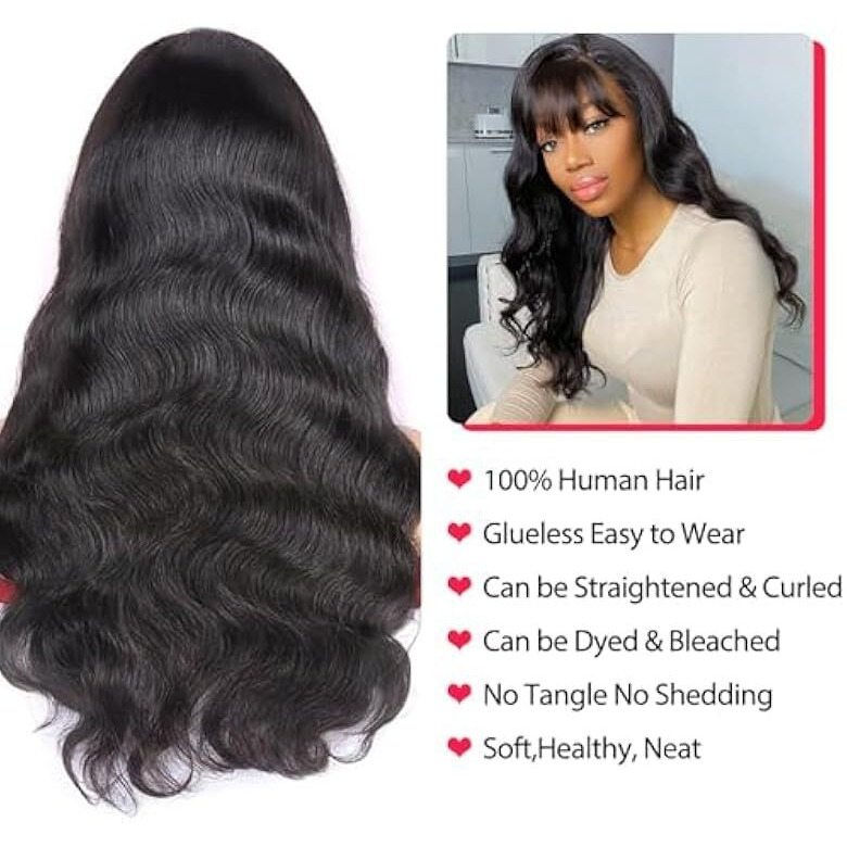 Roseline Body Wave Wigs With Bangs Human Hair Wigs For Black Women None Lace Front Wigs 150% Density Brazilian Virgin Hair Glueless Wig Natural Color 22Inch