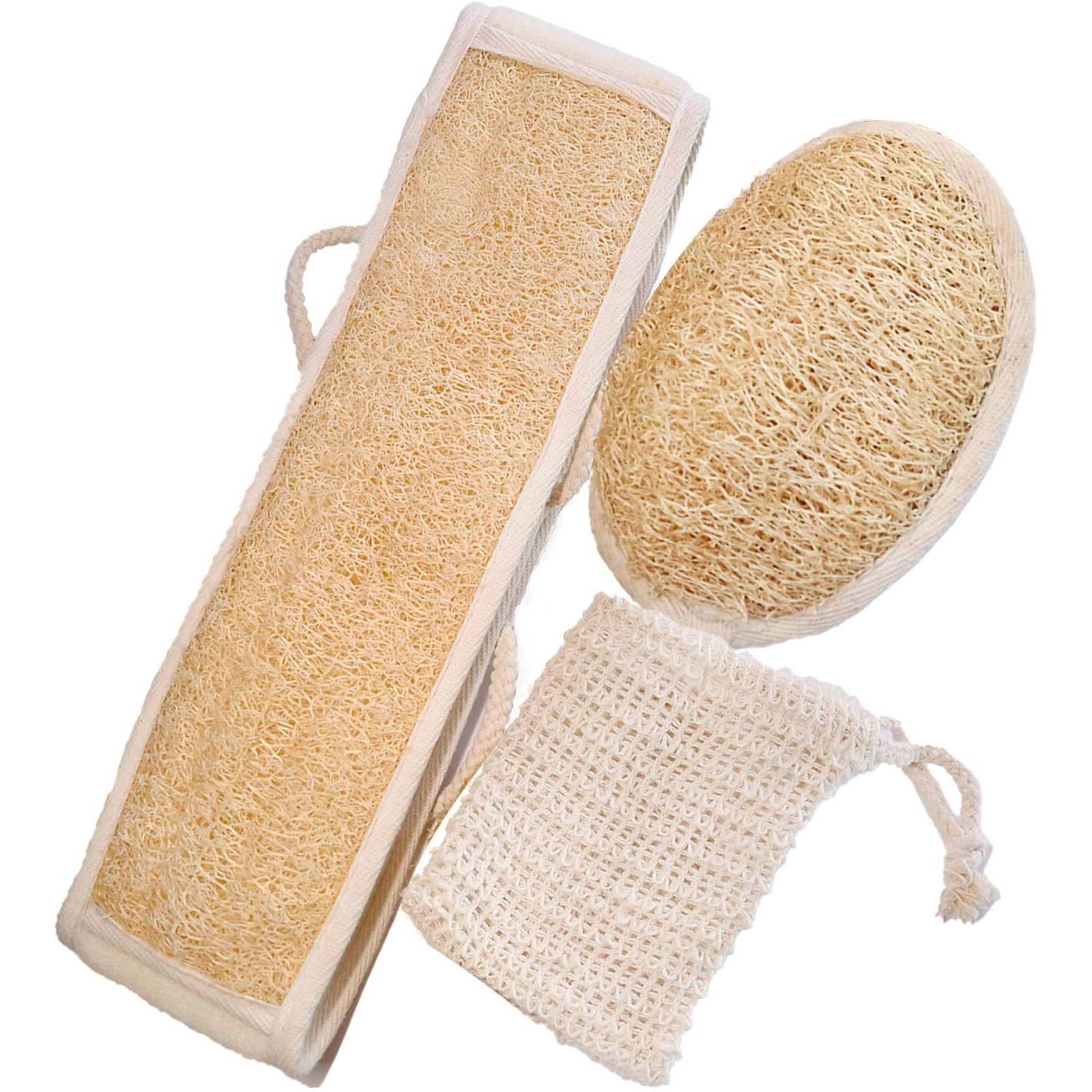 Jouiisiya Natural Loofah And Sponge Set, Back Scrubber For Shower With Soap Bag. Body Exfoliating Loofah Sponge For Women And Men, 3-Pcs