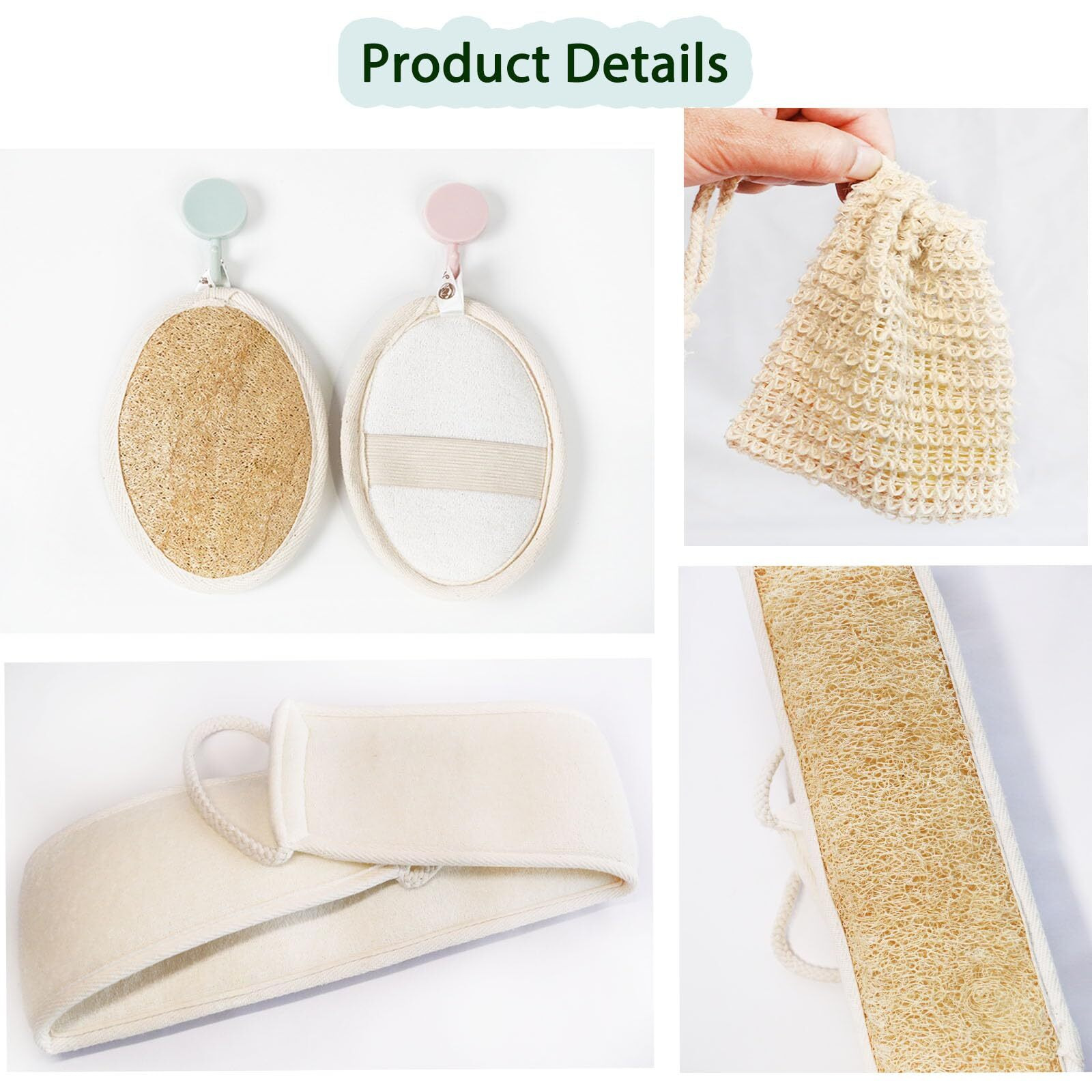 Jouiisiya Natural Loofah And Sponge Set, Back Scrubber For Shower With Soap Bag. Body Exfoliating Loofah Sponge For Women And Men, 3-Pcs